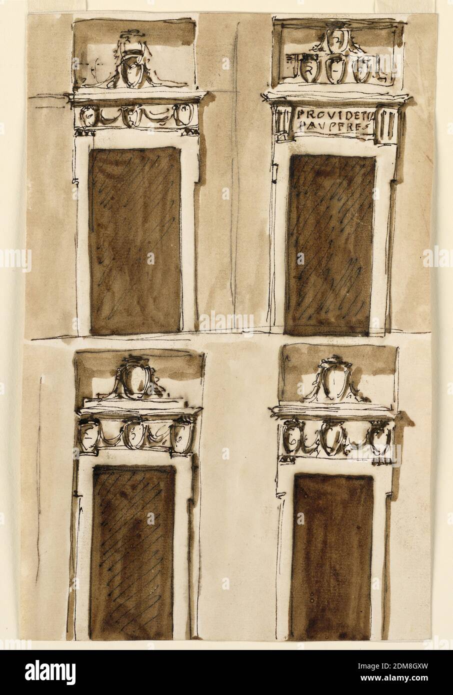 Vier Projekte für eine Tür, Giuseppe Barberi, italienisch, 1746–1809, Feder und braune Tinte, Pinsel und braune Wäsche auf cremefarbenem Papier, gefüttert, zweireihig. Die Designs oben links und unten Reihe sind Variation des Designs -1658. Oben rechts. Ähnlich wie -1730; die Inschrift lautet: PROVIDET. / PAVPERES“. Die vier Wandteppiche sind in der Nische oben abgebildet. Farbiger Hintergrund., Rom, Italien, ca. 1790, Architektur, Zeichnung Stockfoto
