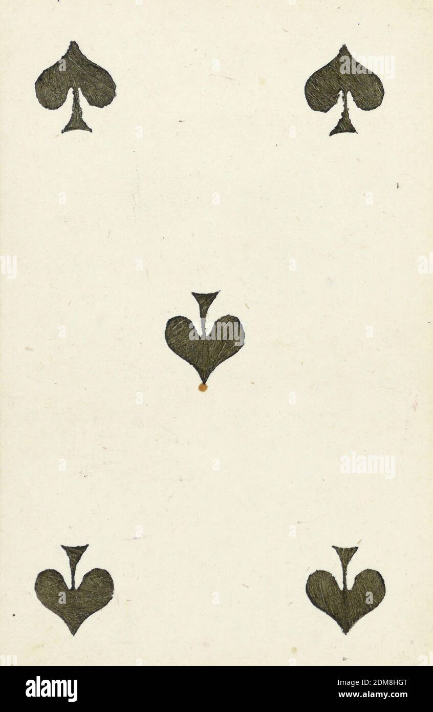 Fünf Pik-Karten aus dem Set der Spielkarten „Jeu Imperial–Second Empire–Napoleon III“, F. Chardon, Französisch, aktives 19. jahrhundert, Lithographie auf glasierten Papier, fünf Pik-Karten aus dem Set der Spielkarten „Jeu Imperial–Second Empire–Napoleon III“., Paris, Frankreich, 1858, Spielkarte, Spielkarte Stockfoto