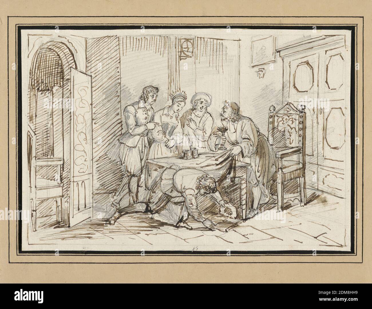 Innenszene mit Brautparty, Graphit und Pinsel und brauner Tusche auf Papier wird EINE Braut, begleitet von zwei Figuren, vor einen älteren bärtigen Mann gebracht, der einen Leuchter in der Hand hält und das Tuch von einem Tisch vor sich hebt, unter dem ein anderer Mann auf der Suche zu sehen ist. Wahrscheinlich als Buchillustration gedacht., Deutschland, 1770–1800, Zeichnung Stockfoto