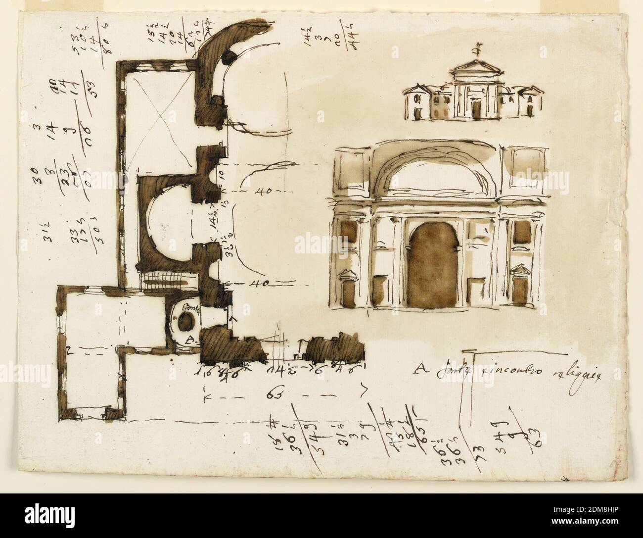 Erhebung einer Kirche für Monte Vergine, Giuseppe Barberi, italienisch, 1746–1809, Feder und braune Tusche, Pinsel und braune Wäsche, rote Tusche auf ausgekleidetem, weißgekleidetem Papier, links, Hälfte eines Maßplans. Oben rechts: Eine kleine Variante des Designs -1140. Rechts Mitte: Ein Abschnitt. Ein Bogen wird von zwei Paar Wandpaneelen flankiert, von denen die äußeren projizieren. Vaults. Vertikal, Konten., Rom, Italien, 1784, Architektur, Zeichnung Stockfoto