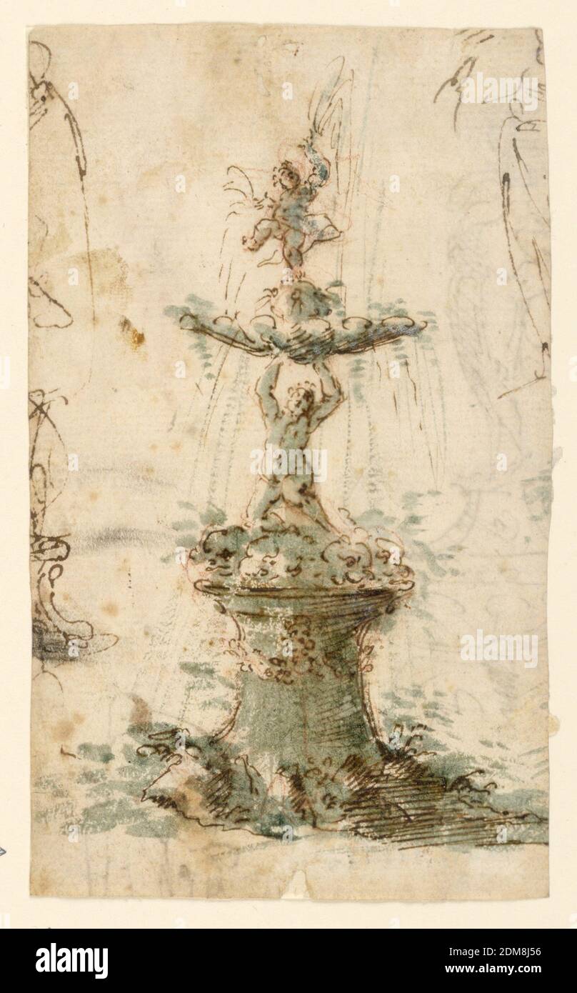 Entwurf für einen Brunnen, Stift und braune Tinte, Pinsel und blaue Wäsche auf weißem Papier; verso: Roter Buntstift, vertikales Rechteck. Ein Becken wird von einem runden Sockel gestützt, der sich aus Steinen erhebt. In ihm steht ein Kind, das auf dem Kopf und mit den Händen eine Schale trägt. Das Wasser entspringt dort und gießt aus Masken am Schaft des Sockels. In der oberen rechten Ecke ist ein Teil der Skizze eines Kindes. Verso: Skizze eines fliegenden Kindes, das ein Objekt trägt., Bologna, Italien, Mitte des 17. Jahrhunderts, Skulptur, Zeichnung Stockfoto