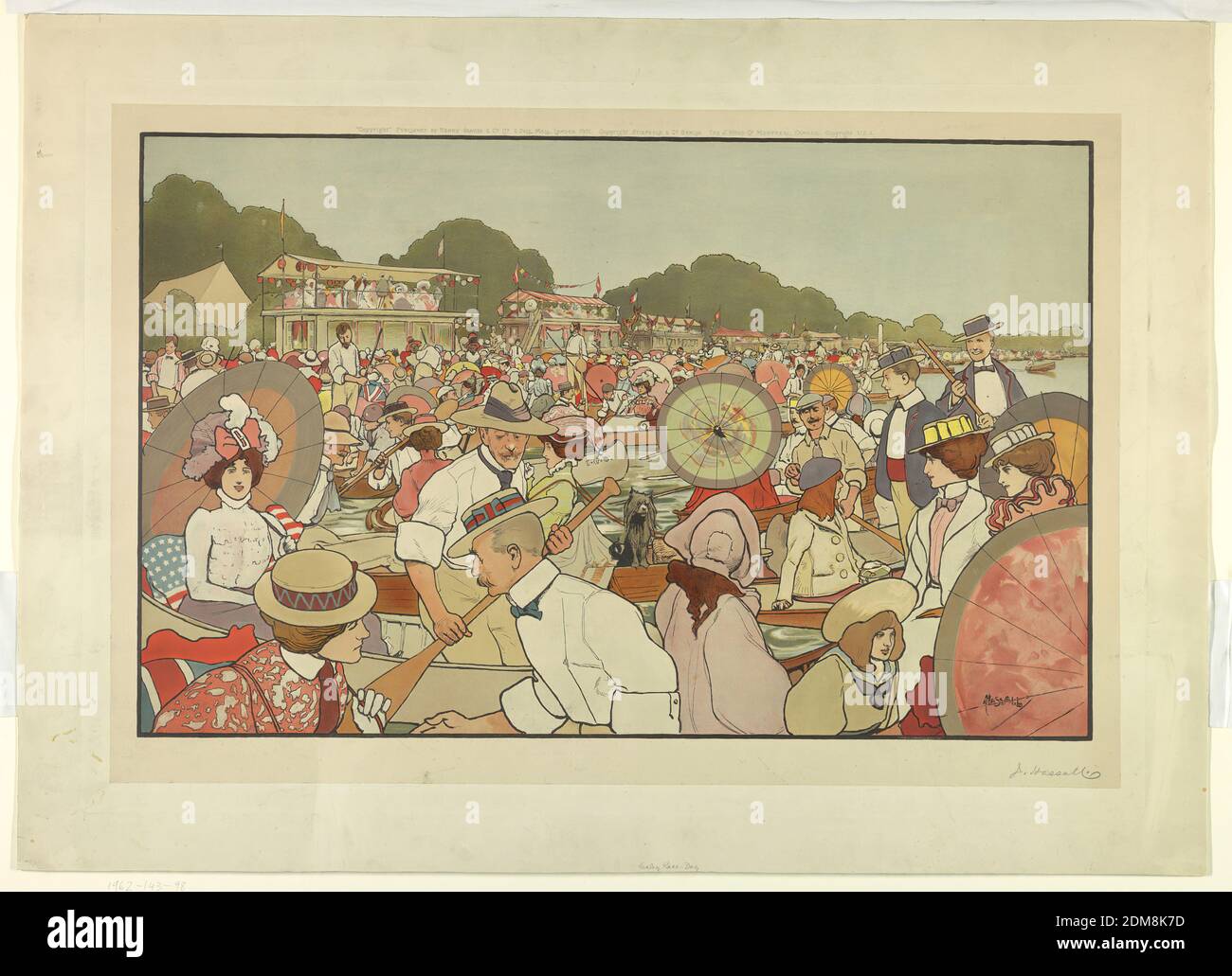 Henley Race Day, John Hassall, British, 1868 - 1948, Henry Graves, British, 1806 - 1892, Chromolithographie auf Papier, montiert, ein Ufer der Themse bei Henley, mit vielen überfüllten Booten und Pavillons. Die Figuren, Boote, Bäume, etc. Alle in schwarz umrandet. Künstlername, rechts unten und unten in Graphit. Verleger Name und Datum oben., London, England, Paris, Frankreich, 1901, chromolithograph, chromolithograph Stockfoto