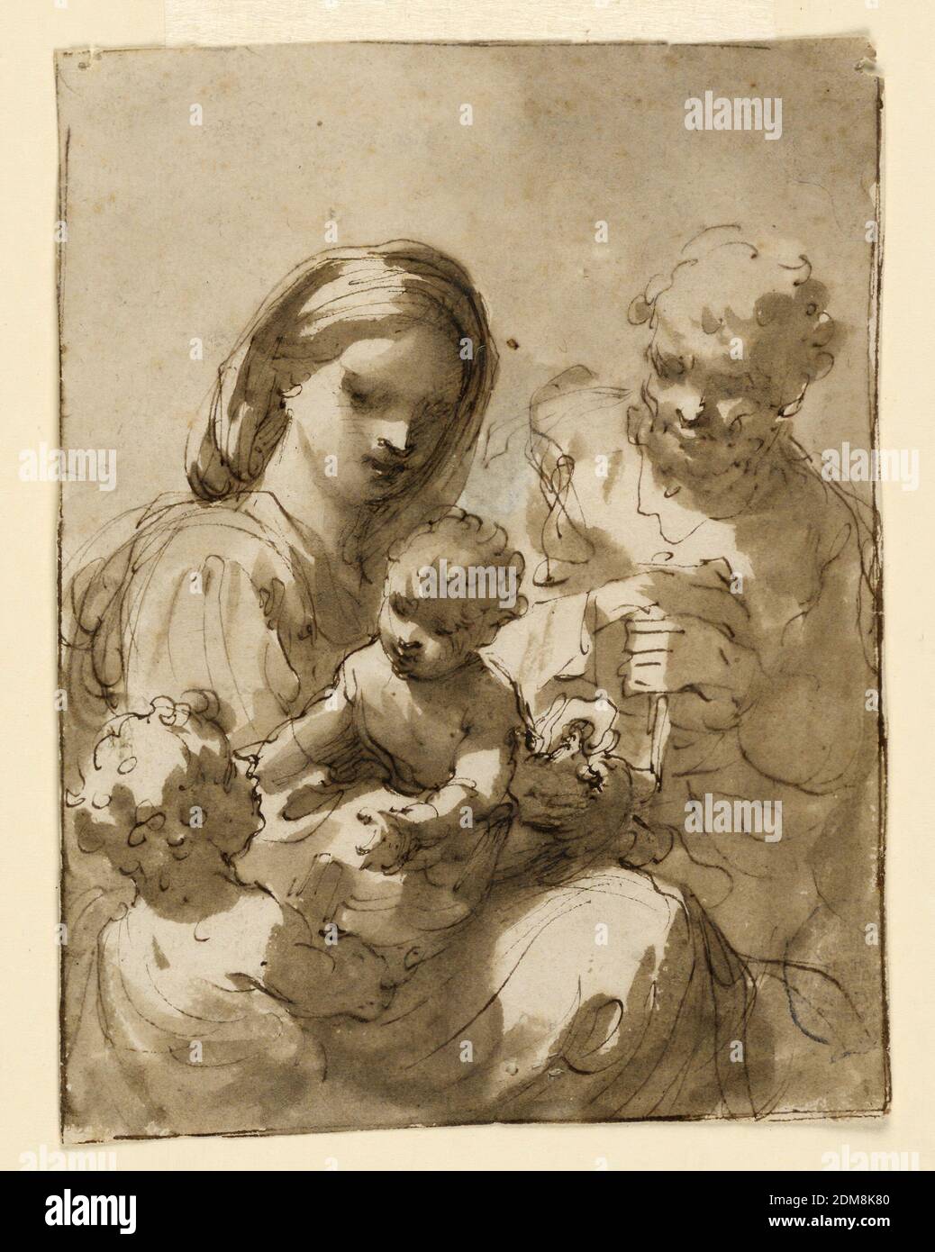 Frau und Mann mit zwei Kindern, Stift und Tinte, Pinsel und Wäsche auf Papier, Frau und Mann mit zwei Kindern., Italien, 17.–Anfang 18. Jahrhundert, Zeichnung Stockfoto