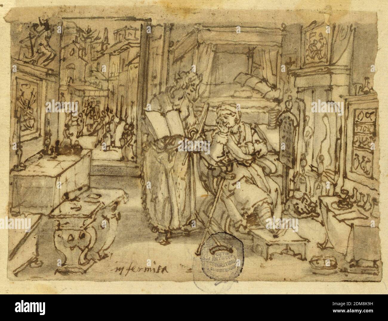 Seite eines Skizzenbuches; Gebrechen, Jan van der Straet, genannt Stradanus, Flämisch, 1523–1605, braune Tusche und Waschung auf Papier, horizontales Rechteck. Innen, mit einer alten Frau in einem Sessel vor einem Feuer sitzen. Ihr linkes Bein ruht auf einem Fußhocker, Krücken sind neben ihr. Eine Frau steht zu ihrer Rechten und hält ein offenes Buch. Durch die offene Tür, im Hintergrund, links, steht eine Gruppe von Figuren auf dem Stadtplatz. Inschrift, unten links: 'Infirmità.', Niederlande, ca. 1590, Figuren, Zeichnung Stockfoto