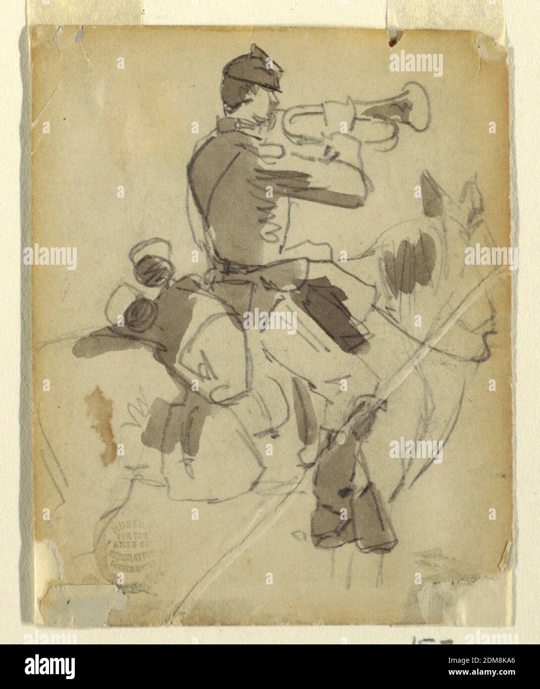 Montierter Bugler, Winslow Homer, Amerikaner, 1836–1910, Graphit, Pinsel und Grauwäsche auf unweißem Papier, Vertikale Ansicht eines montierten Buglers., USA, 1862, Figuren, Zeichnung Stockfoto