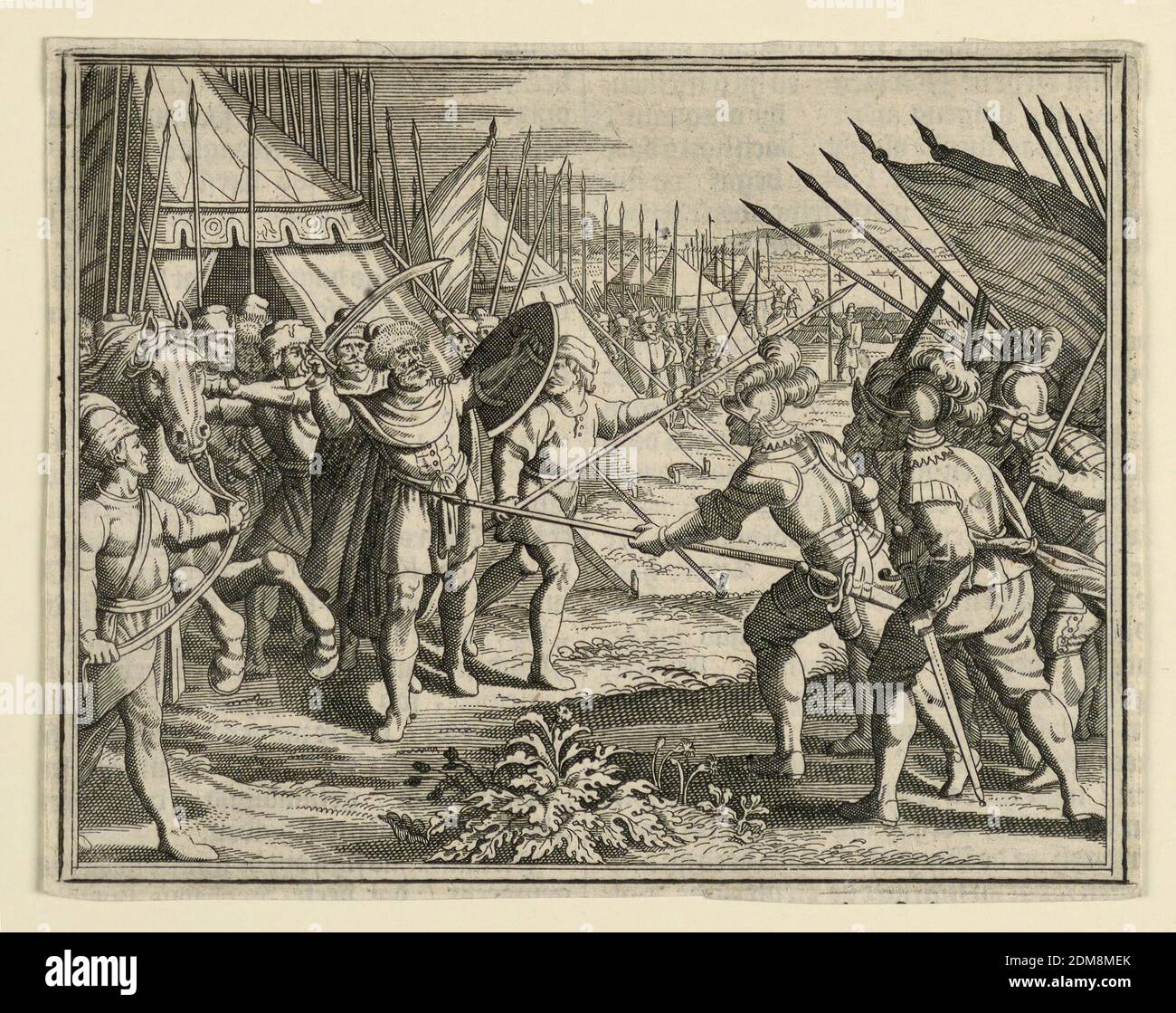 Kriegsführung Illustration, Gravur auf Papier, Illustration für ein Buch. Soldaten stürzen sich vor seinem Zelt auf einen türkischen Führer. Lager im Hintergrund., Niederlande, ca. 1630-1660, Drucken Stockfoto