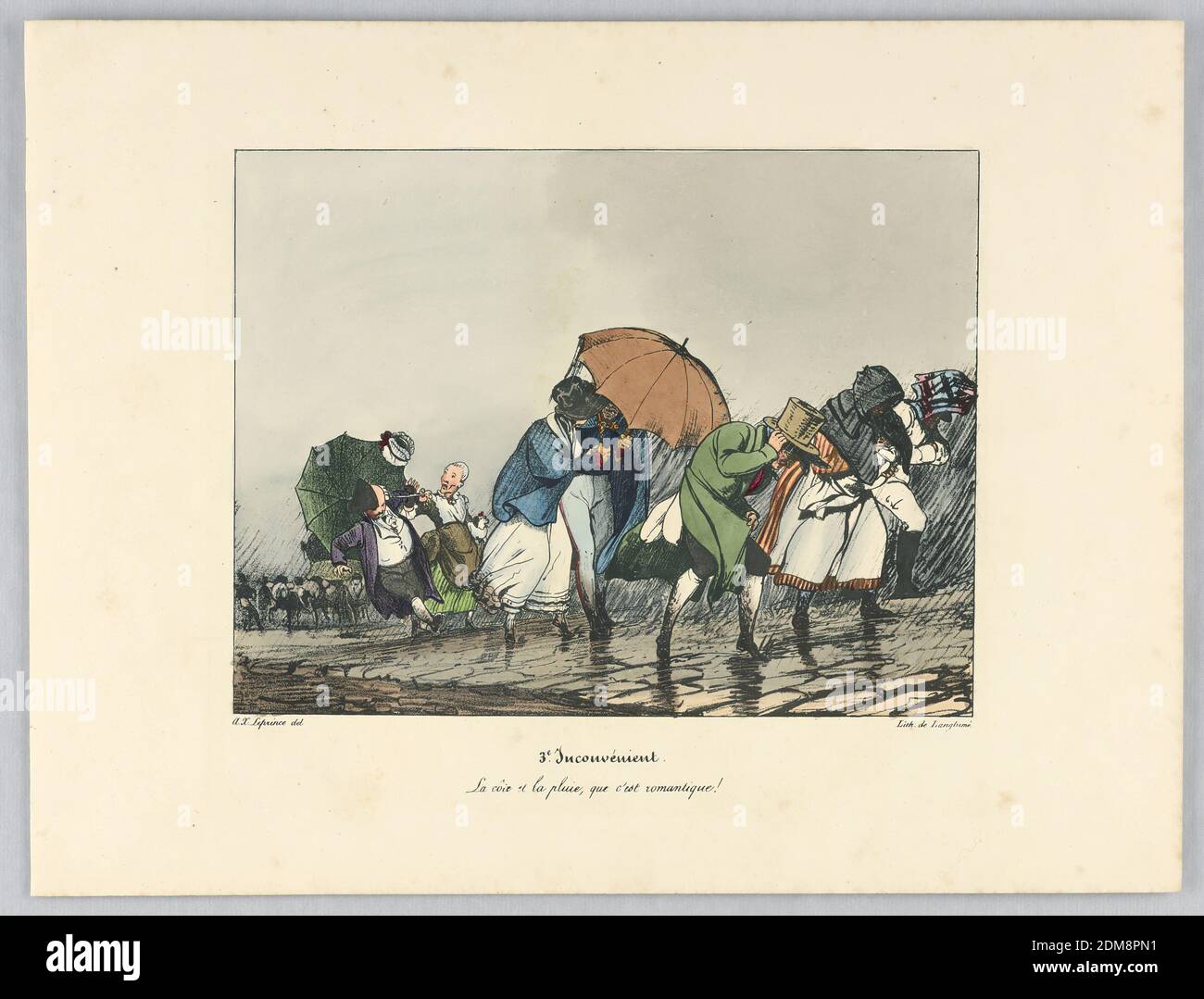La côu et la pluie, que c'est romantique! Tafel 3 aus 'Inconvénient', Auguste-Xavier Leprince, französisch, 1799 - 1826, Pierre Langlumé, französisch, geboren 1790, Lithograph, Pinsel und Aquarell auf Papier, Gruppe von Menschen mit zwei Schirmen, die gegen den Regen nach rechts bergauf gehen. Titel und Künstlernamen unten., Paris, Frankreich, ca. 1825, Drucken Stockfoto