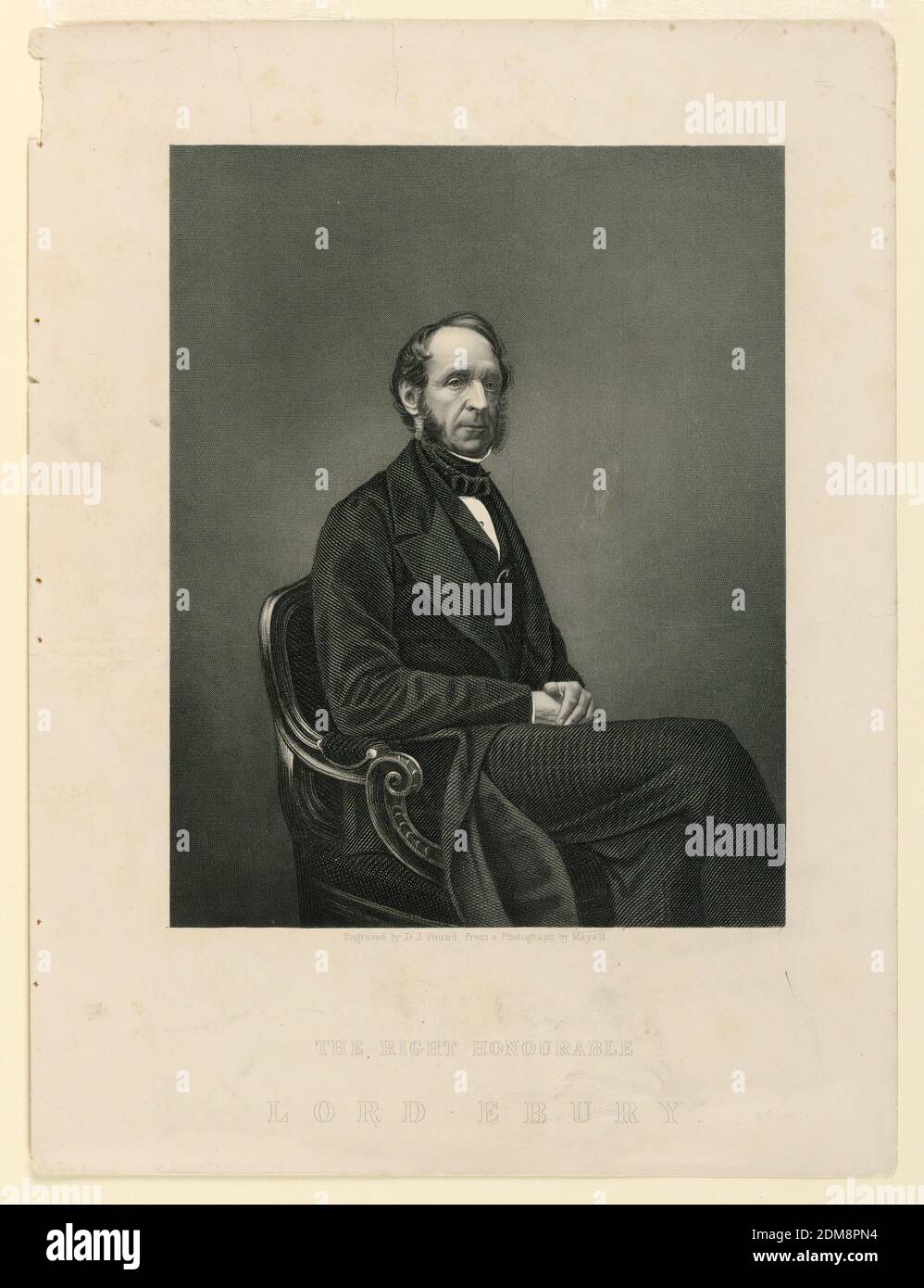 Porträt von Robert Grosvenor, Baron of Ebury, D. J. Pound, Britisch, aktiv ca. 1860, Mayall, Gravur auf Papier, dreiviertel Porträt von Robert Grosvenor, Baron Ebury (1801-1893), sitzend, zur Hälfte nach rechts gewandt, die Hände im Schoß gefaltet., England, ca. 1860, Drucken Stockfoto