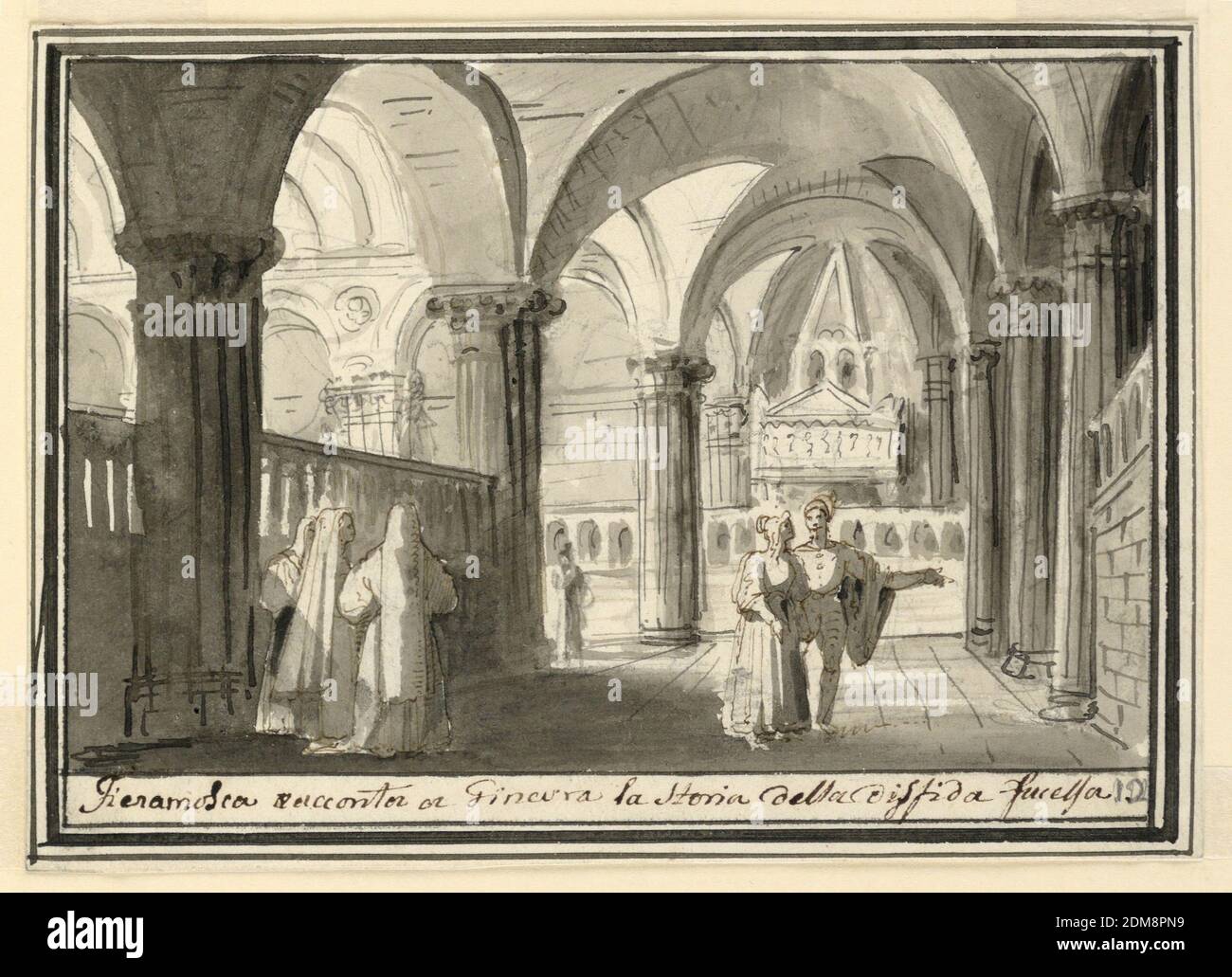 Bühnenbild, Innere der Kirche, Pietro Narducci, Italienisch, aktiv 1809 - 1841, Stift und Sepia-Tinte, Pinsel und waschen auf Papier, Horizontal Rechteck. Innenraum der Kirche mit zwei Gruppen von Menschen im Vordergrund. Links eine Gruppe von Nonnen. Rechts, Mann mit ausgestreckten Arm, Frau beobachtet ihn und hört ihm eine Geschichte erzählen., Italien, Anfang des 19. Jahrhunderts, Theater, Zeichnung Stockfoto