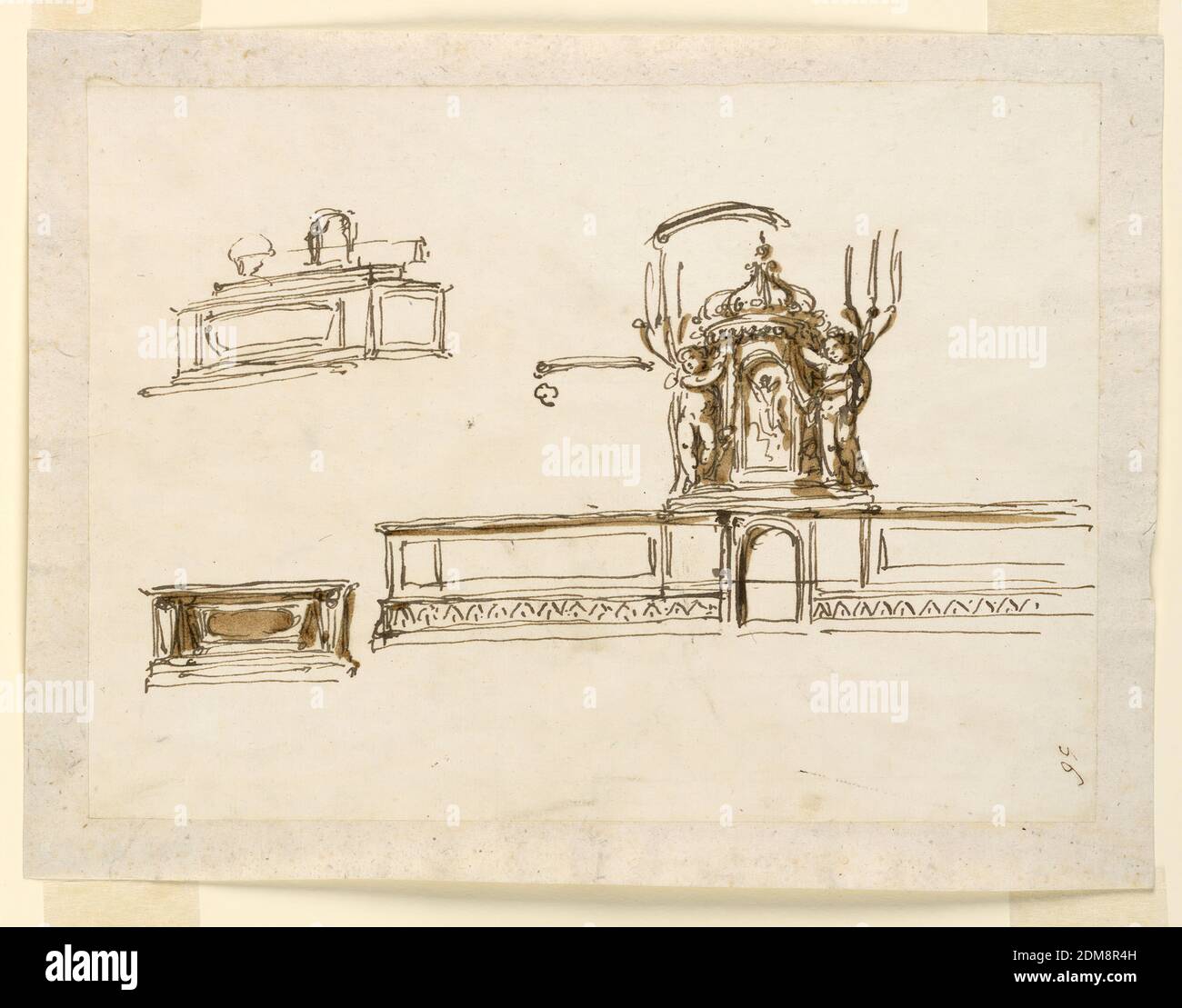 Skizzen für einen Altar, Giuseppe Barberi, italienisch, 1746–1809, Feder und braune Tusche, Pinsel und brauner Waschgang auf liniertem, cremefarbenem Büttenpapier, rechts: Altarmöbel mit über dem Tabernakel, mit leicht verändertem Design des richtigen Tons in -1375. Die Engel unterstützen auch Klammern wie in -1375, links. Umrisse der Rückseite des Rahmens. Oben links eine Skizze des Altars, von der linken Ecke aus gesehen. Stift. Links unten eine Skizze der mensa mit dem Grab, in Form eines Reliquiarschachtes; Stift, Pinsel., Rom, Italien, 1746-1809, Architektur, Zeichnung Stockfoto