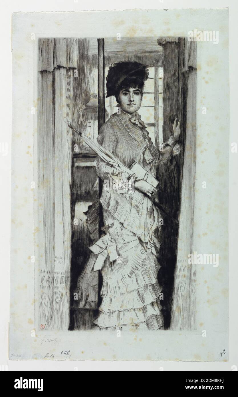 Miss L, James Joseph Tissot, Französisch, 1836 – 1902, Radierung und Trockenpunkt auf Papier, EINE Frau wird dargestellt, die in einer Tür steht; ihr Regenschirm ruht auf ihrem rechten Arm; ihre linke Hand wird auf die Tür gelegt., England, 1876, Print Stockfoto