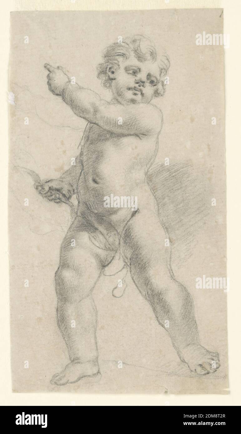 Amor, schwarze Kreide auf cremefarbenem Papier, stehend Amor, nach links gehend, mit seinem linken Arm nach hinten zeigend und seinem Kopf nach rechts gedreht. Er hält einen Bogen in der rechten Hand., Italien, 1770–1800, Figuren, Zeichnung Stockfoto