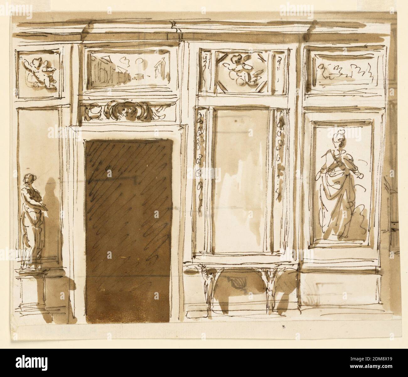 Elevation of a Drawing Room Wall, Giuseppe Barberi, italienisch, 1746–1809, Feder und braune Tinte, Pinsel und braune Wäsche auf cremefarbenem Papier, gefüttert, ein alternativer Vorschlag für -1582. Die linke Seite ist abgebildet. Die zentrale Tafel ist mit der Figur einer Frau verziert. Der Konsolentisch unter dem schauenden Glas wird von geflügelten Sphinxen unterstützt. Neben dem oberen Teil des aussehenden Glases hängen Girlanden. Über der Tür ist ein Fries mit einer Maske in der Mitte, die von einer architektonischen Ansicht gefolgt wird. Fliegende Putti befinden sich in den oberen Teilen der Verkleidung neben der Tür Stockfoto