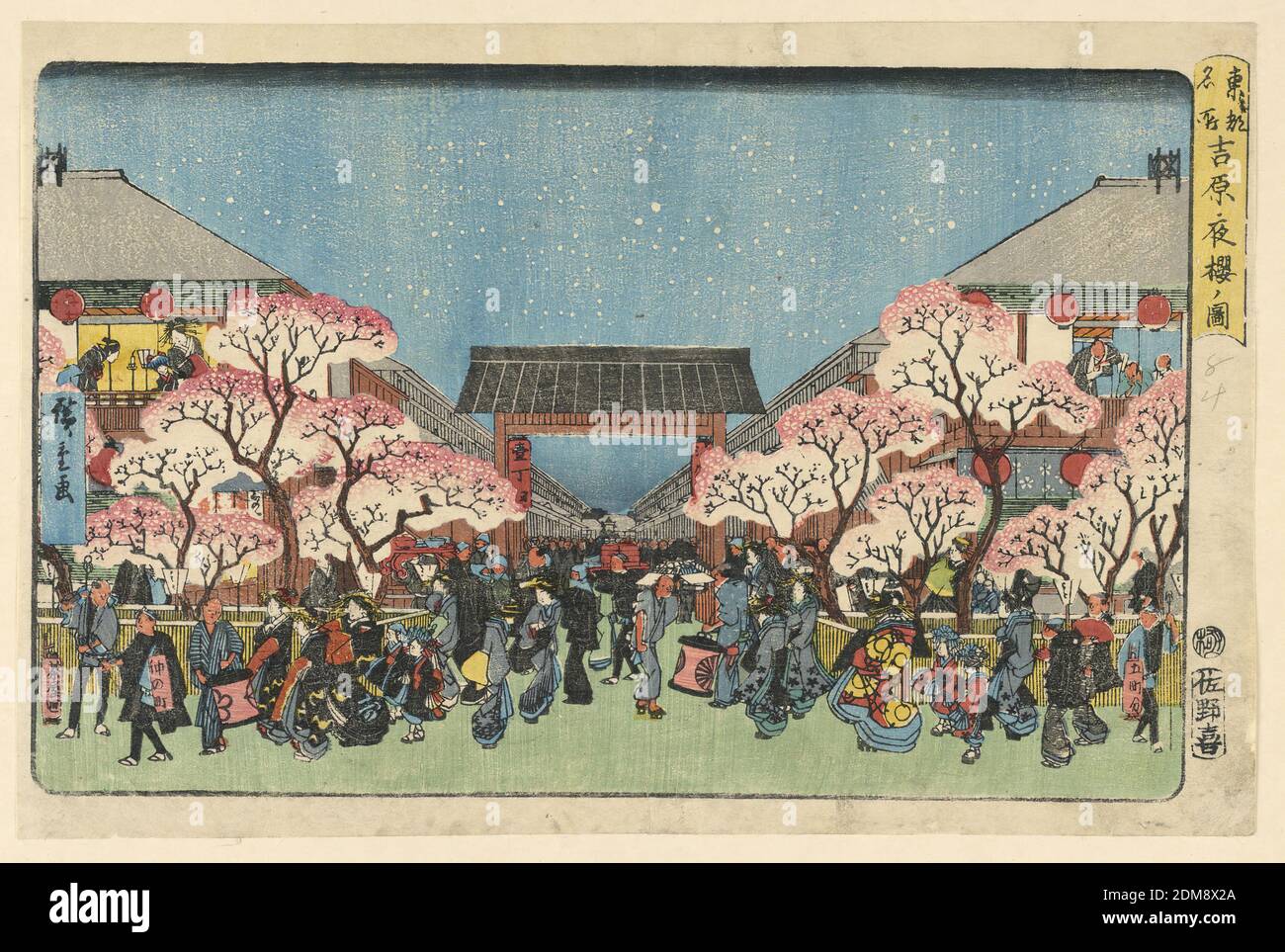 Neujahr im Tempel, Ando Hiroshige, japanisch, 1797–1858, Holzblock-Druck in farbiger Tinte auf Papier, Diese Neujahrsszene ist ein verrückter Strich, um zum Schrein und Tempel für die jährliche Tradition zu gelangen, um ein großartiges neues Jahr zu haben. Tausende Menschen schwärmen mitten im Winter, um ihre Achtung zu erweisen, Wünsche zu machen, für gute Gesundheit und Sicherheit zu beten und insgesamt gute Segnungen für das kommende Jahr zu haben. Hiroshige schmückt die Szene mit unrealistischen Kirschblüten, gibt ihr aber eine fröhliche und feierliche Kulisse., Japan, 1797-1858, Landschaften, Print Stockfoto