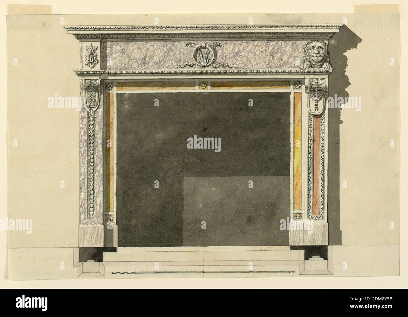 Design für Chimneypiece, Graphit, Stift und Tinte, Pinsel und Aquarell auf Papier, der äußere Rahmen besteht aus Pilastern mit Brakcets als Konsolen. Die Entwürfe der letzteren sind unterschiedlich, ebenso die Dekoration und das Material, das für die Pilasters verwendet wird. Die linke zeigt einen schmalen Streifen mit einem Herzmotiv, umrahmt von fliedernem Marmor. Der rechte Pilaster zeigt eine gerahmte längliche Platte aus rotem Marmor. Der innere Rahmen besteht aus länglichen gelben Marmor und Quadraten mit Rosetten. Oben ist eine Entablatur mit einem hohen Fries. In seiner Mitte befindet sich ein Gerät, ein Ring und zwei Federn. Stockfoto