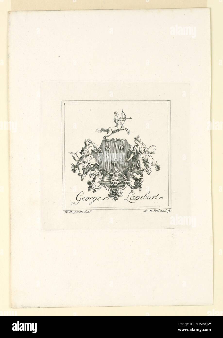 George Lambart's Book Plate, A.M. Ireland, William Hogarth, Englisch, 1697 - 1764, Radierung auf Papier, das Exlibris zeigt das Wappen von George Lambart mit der Inschrift des Namens darunter., England, 1794, Print Stockfoto