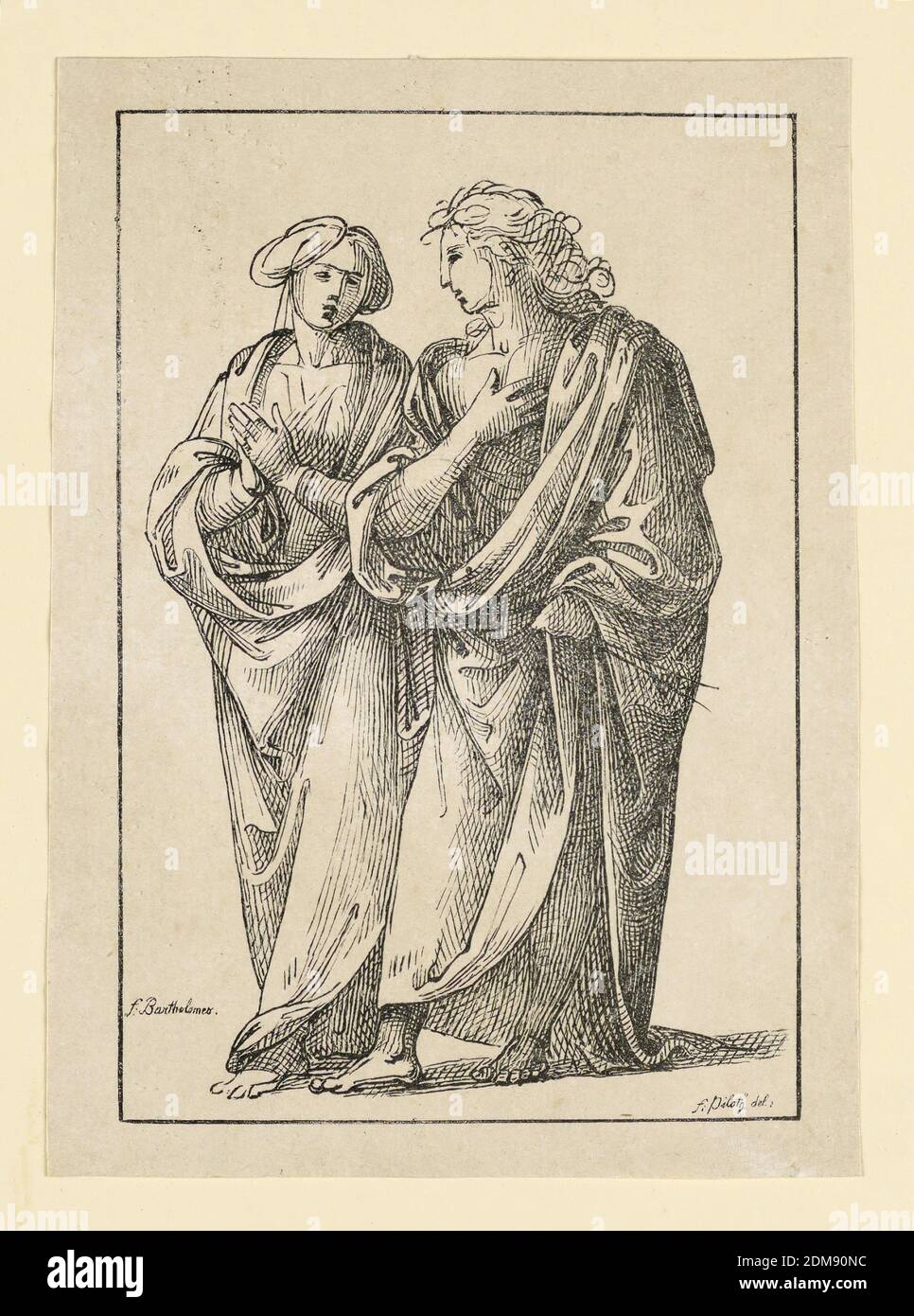 Zwei stehende Figuren, Karl Theodor von Piloty, deutsch, 1826 - 1886, Fra Bartolommeo, italienisch, 1472 - 1517, Holzschnitt auf Papier, zwei stark getuschelte stehende Figuren, leicht nach links gedreht., München, Deutschland, ca. 1850, Drucken Stockfoto