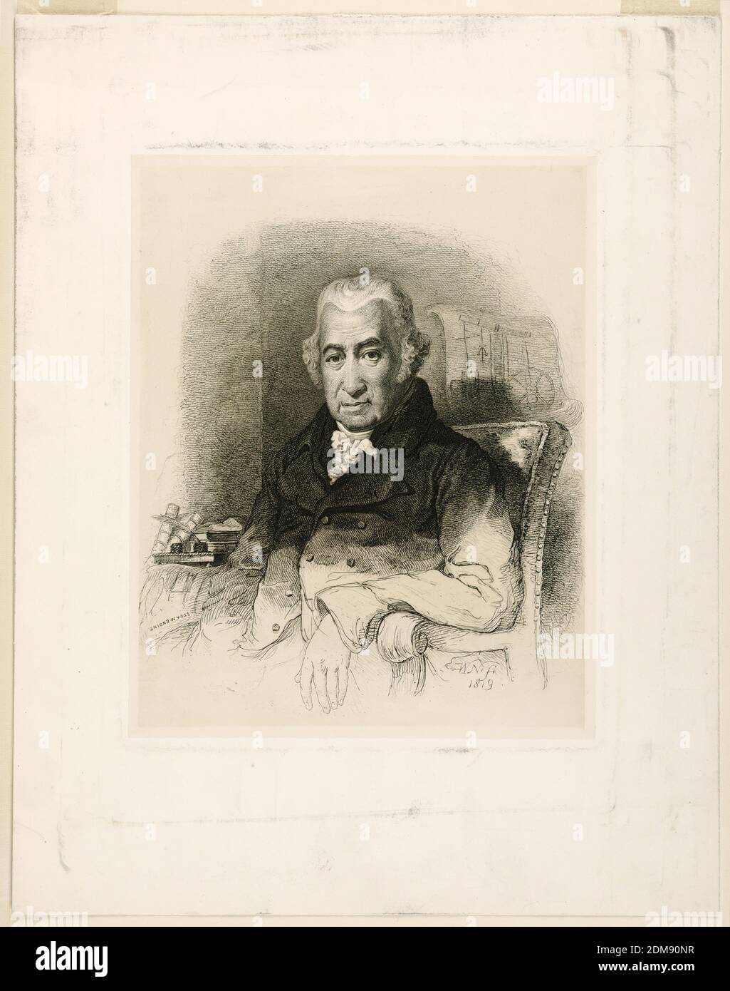 Porträt von James Watt, William Nicholson, britisch, 1781 - 1844, Radierung auf Papier, halblanges Porträt des schottischen Erfinders James Watt (1736-1819), an seinem Schreibtisch sitzend, ein Viertel nach links gerichtet, sein Blick frontal gerichtet. Sein linker Unterarm ruht auf dem Arm des Stuhls. Bücher, Stift und Zeichnungen, die hinter ihm gezeigt werden., England, 1819, Print Stockfoto