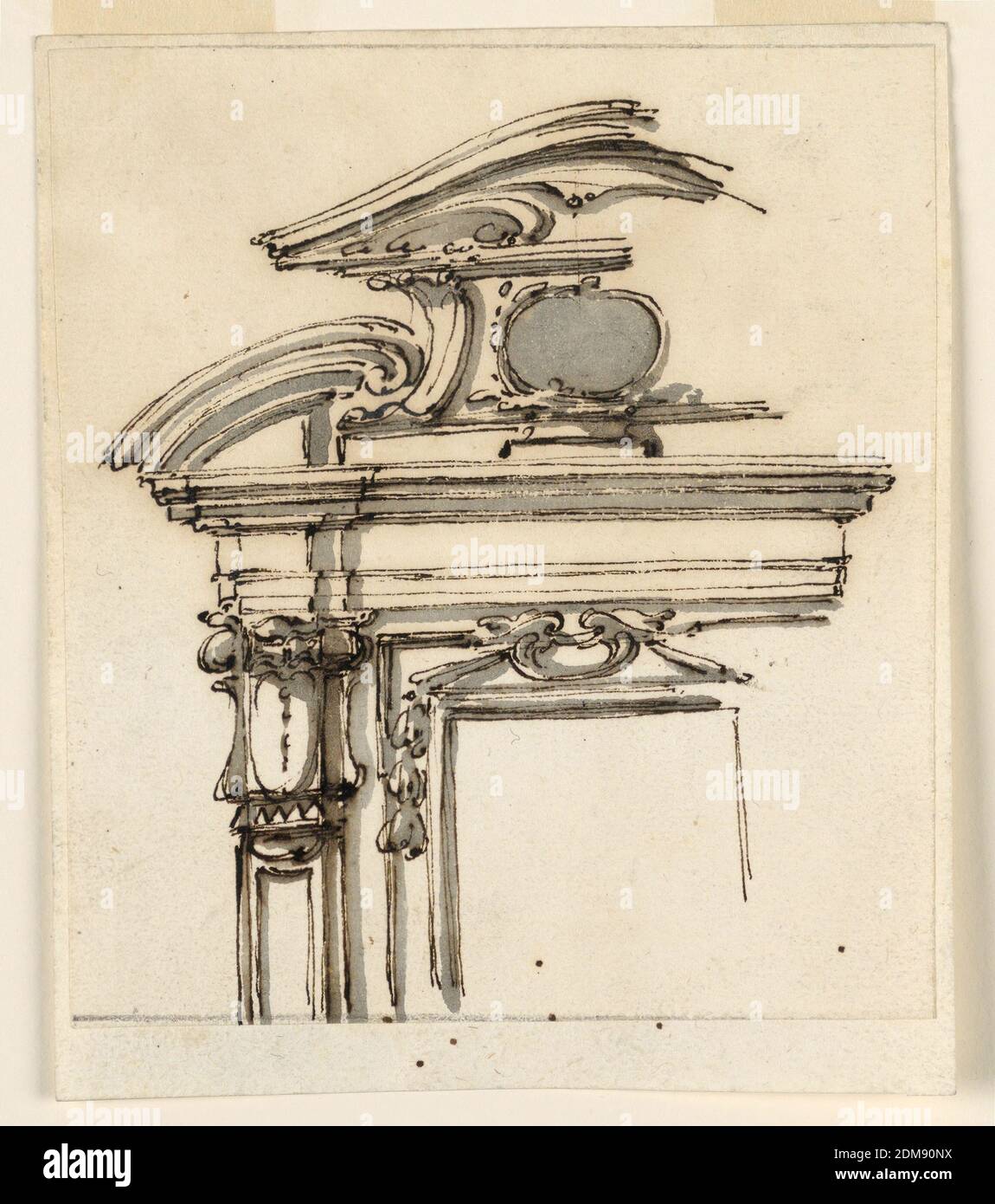 Fensterkoffer, Filippo Marchionni, italienisch, 1732–1805, Stift und Tinte, Pinsel und graues Aquarell auf getupftem Papier, Fensterkoffer mit gebrochenem Giebel; Dachboden des zentralen Teils mit Öffnung., Italien, 1740–70, Architektur, Zeichnung Stockfoto