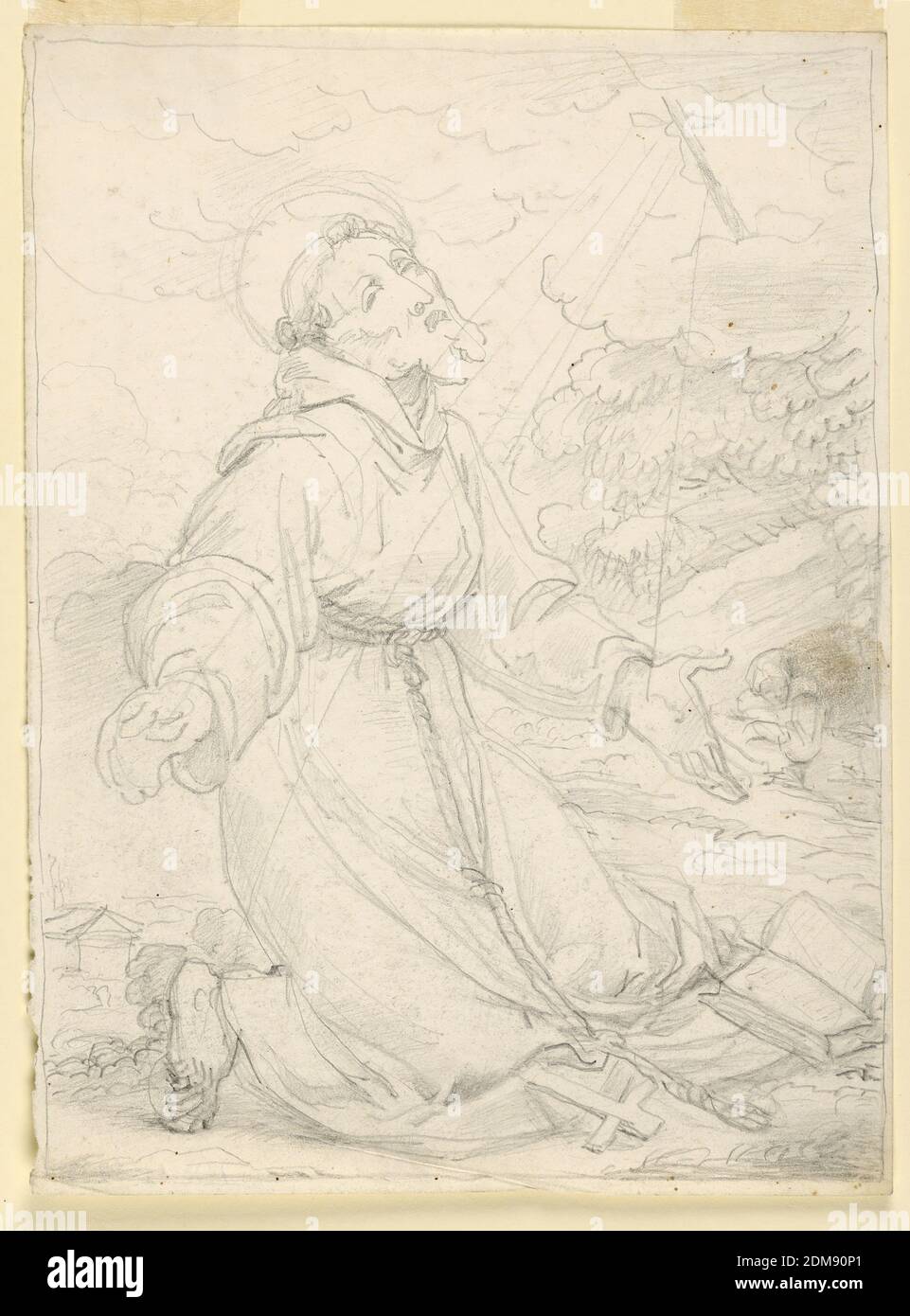 Hl. Franziskus empfängt die Stigmata, Fortunato Duranti, italienisch, 1787 - 1863, Graphit auf Papier, knieend nach rechts. Der Mönch befindet sich im mittleren Bereich rechts. Rahmung Graphitlinie. Teile des Umrisses sind tief beeindruckt., Rom, Italien, 1820–1850, Zeichnung Stockfoto