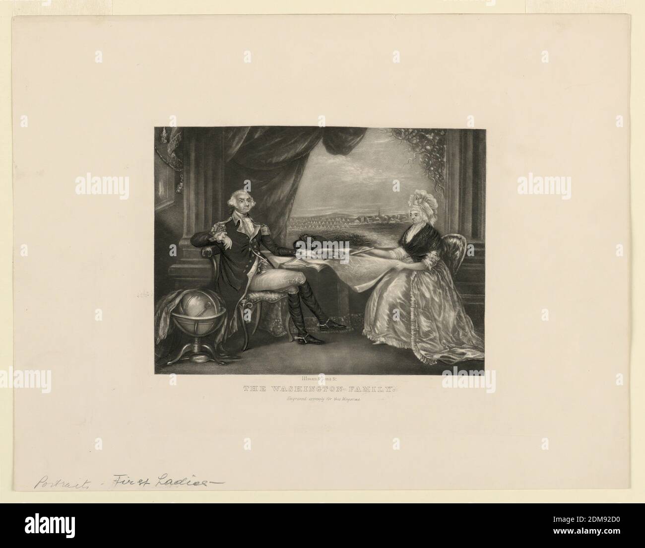 George Washington und Martha Dandridge Custis Washington, Thomas Illman, Amerikaner, 1824 - 1866, Mezzotint auf Papier, sitzend an einem Tisch, auf dem ein offenes Buch und eine Karte verteilt ist, sind George Washington (1732-1799) und seine Frau, Martha Dandridge Custis Washington (1732-1802). Eine Draperie wird nach hinten gezogen und enthüllt ein Militärlager und eine Stadt., USA, ca. 1850, Drucken Stockfoto