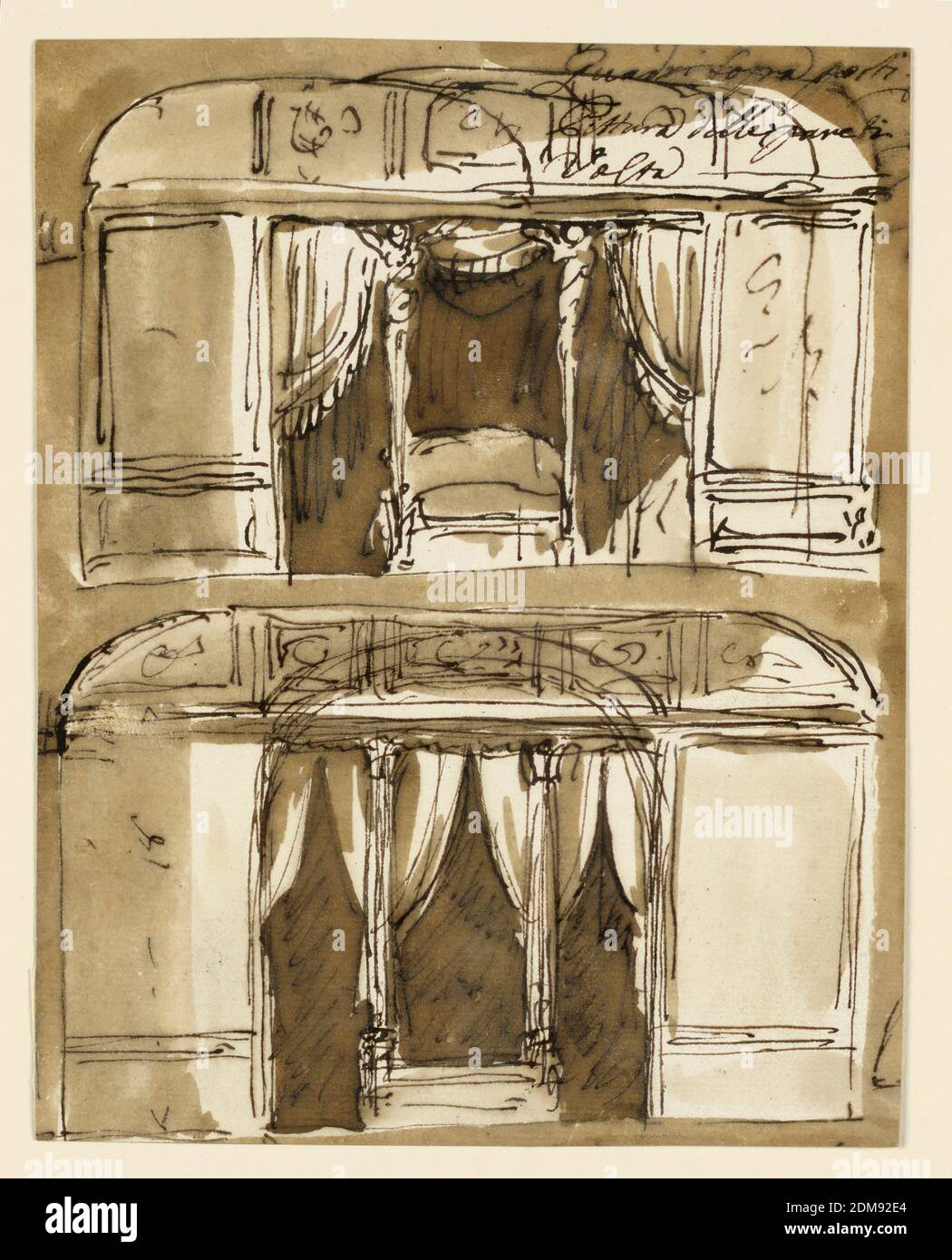 Designs for Bedroom Alcoves, Giuseppe Barberi, Italian, 1746–1809, Pen und braune Tusche, Pinsel und braune Wäsche auf cremefarbenem Papier, auf beiden Seiten der Nischen befindet sich eine Tafel. In der oberen Zeichnung stützen zwei gaines, so breit wie das Bett, die Entablatur, in der unteren zwei gerillte Säulen. Die Höhe der Wand wird unten als '18' angegeben, die Höhe der Decke als '4 1/4 (?)'. An den Rändern Spuren anderer Bildunterschriften und Skizzen. Das Blatt selbst ist ebenfalls farbig., Rom, Italien, ca. 1790, Innenräume, Zeichnung Stockfoto