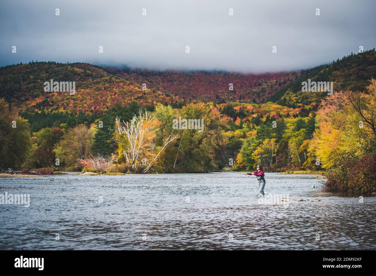 Frau Angler Gießen in Fluss mit Wolken und hellem Laub Stockfoto