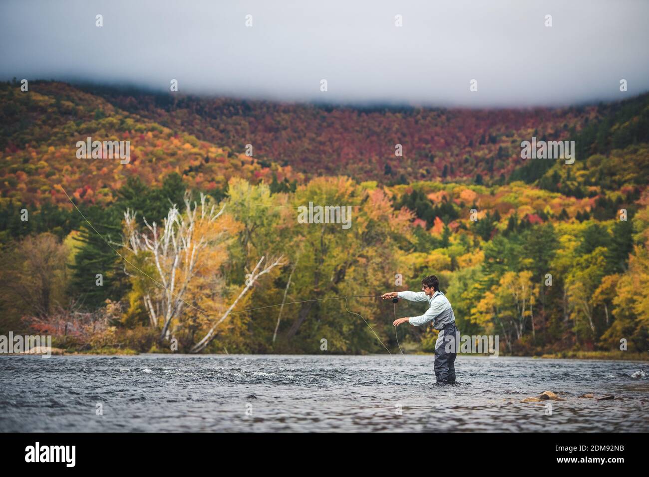 Fliege Fischer, die in Fluss mit Wolken und hellem Laub werfen Stockfoto