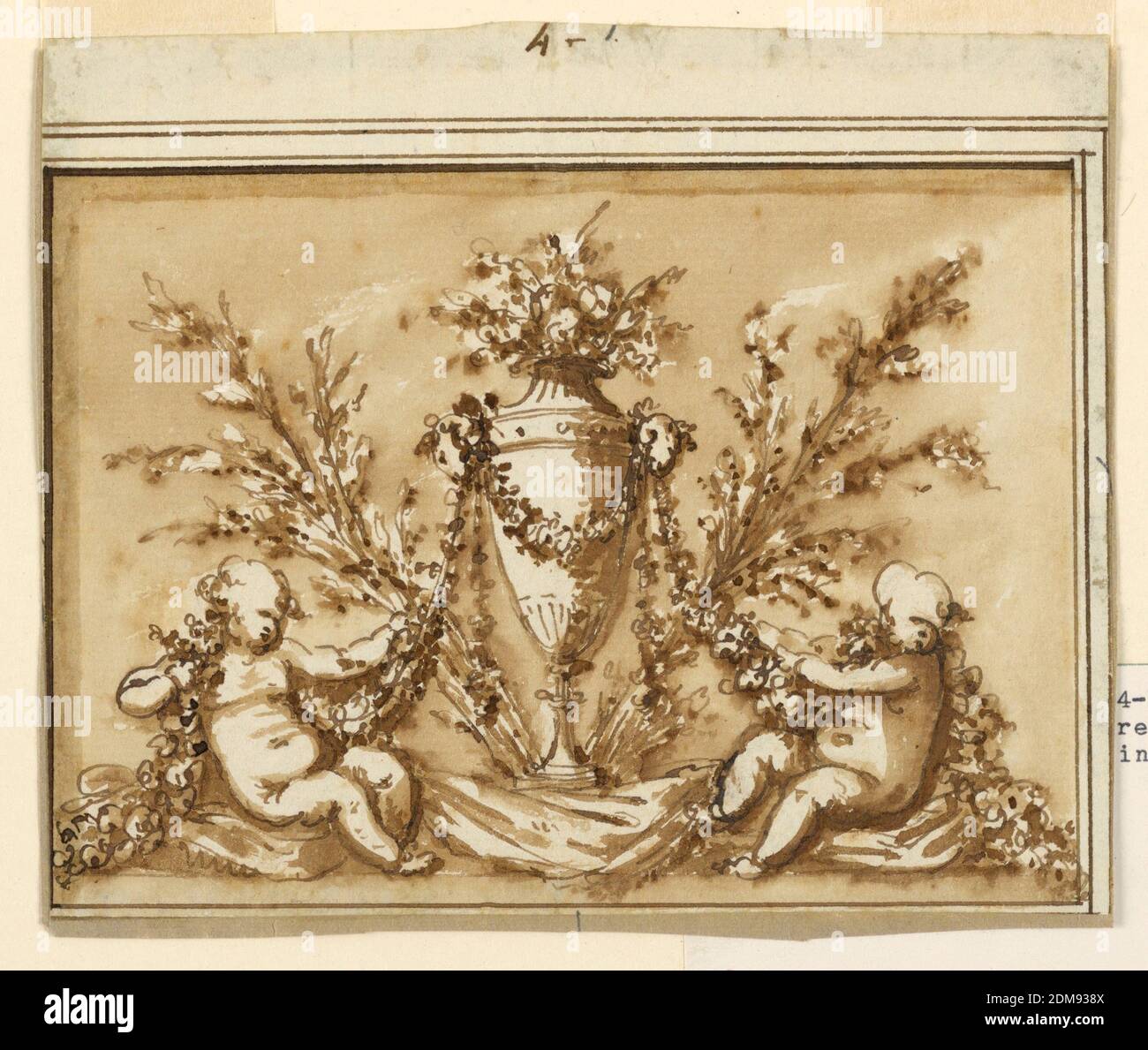 Design for an Overdoor, Piat Joseph Sauvage, französisch, 1744 - 1818, Stift und Tinte, Pinsel und Sepia wäscht, zwei sitzende Mädchen unterstützen Girlanden, die aus einer Blumenvase herabfallen., Niederlande, 1785-1790, Zeichnung Stockfoto