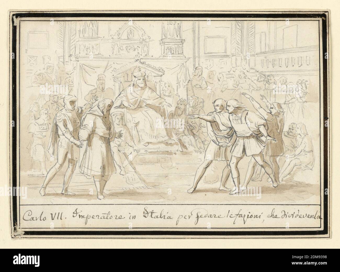 Versöhnung der Feinde in Italien durch Kaiser Heinrich VII., Graphit, Pinsel und Bistre auf Papier, in einer großen überfüllten Halle thront der Kaiser in der Mitte. Im Vordergrund links und rechts sind zwei Gruppen von Männern, die ihre Bereitschaft zur Versöhnung zum Ausdruck bringen. Drei Rahmenlinien, in der inneren Rahmenleiste unten, in der die Beschriftung geschrieben ist, in Tinte: 'Carlo VII. Imperatore in Italia per sedare le fazioni che dividevanla.', Italien, 1825–50, Figuren, Zeichnung Stockfoto