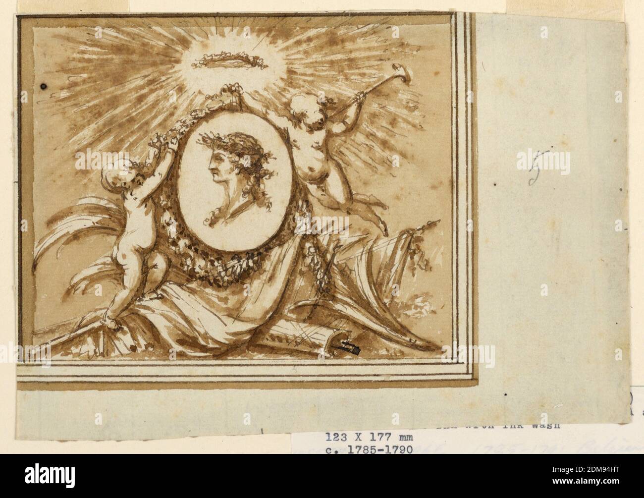 Design for an Overdoor, Piat Joseph Sauvage, französisch, 1744 - 1818, Stift und Tinte, Pinsel und Sepia wäscht, das Medaillon Porträt eines Prinzen wird von einem fliegenden Mädchen gehalten, das eine Trompete in der linken Hand hält. Ein anderes Mädchen ist mit einer Girlande beschäftigt, die das Medaillon umrahmt, über dem eine Krone in einem Glanz der Strahlen gezeigt wird. Eine Trophäe von Waffen an der Unterseite., Niederlande, 1785-1790, Zeichnung Stockfoto