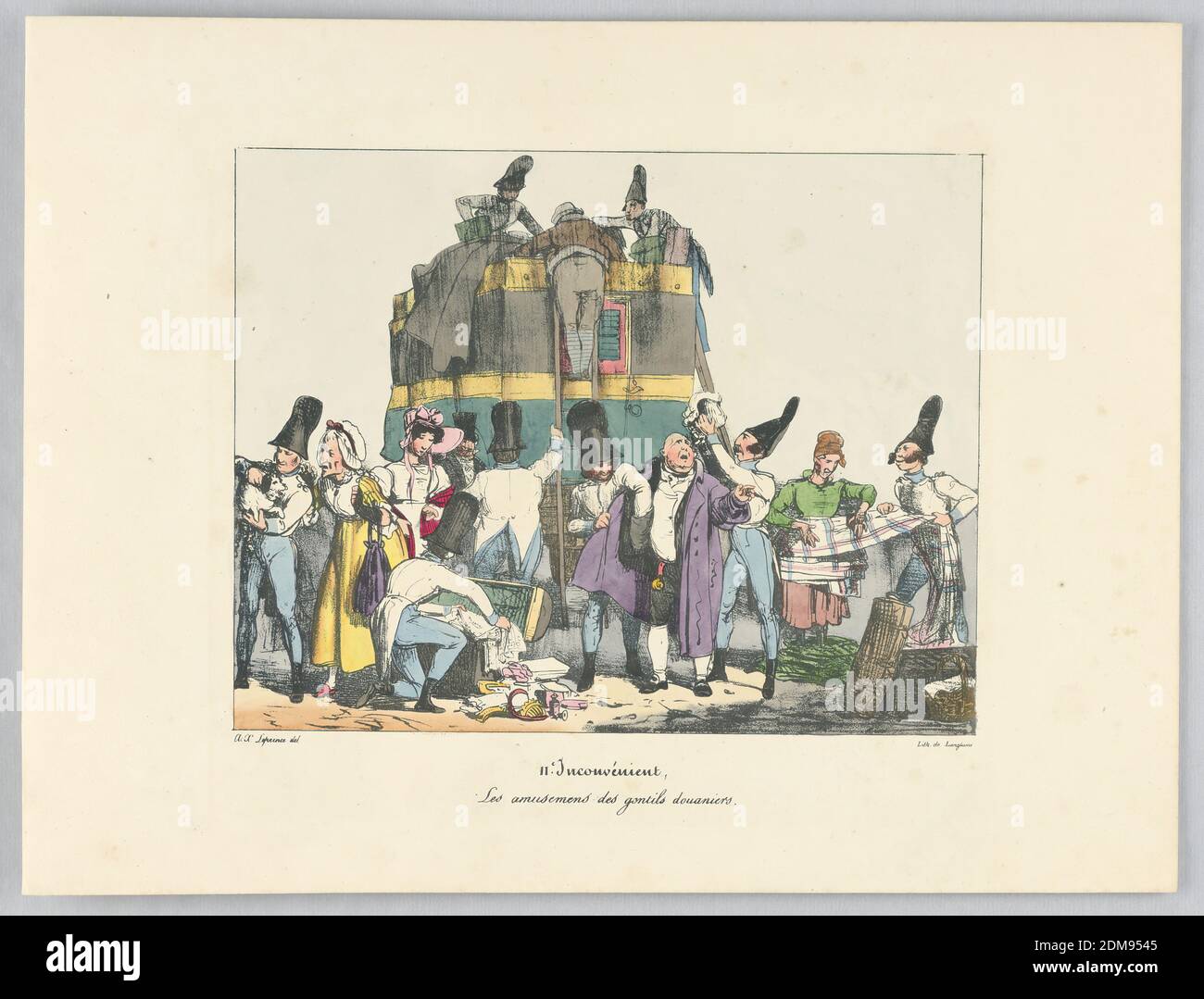 Les amusemens des gentile douauiers, Platte 11 aus 'Inconvénient', Auguste-Xavier Leprince, französisch, 1799 - 1826, Pierre Langlumé, französisch, geboren 1790, Lithograph, Pinsel und Aquarell auf Papier, Zollbeamte schauen durch Stämme, unter einer Männerperücke, dem Hundehalsband. Titel und Künstlernamen unten., Paris, Frankreich, ca. 1825, Drucken Stockfoto