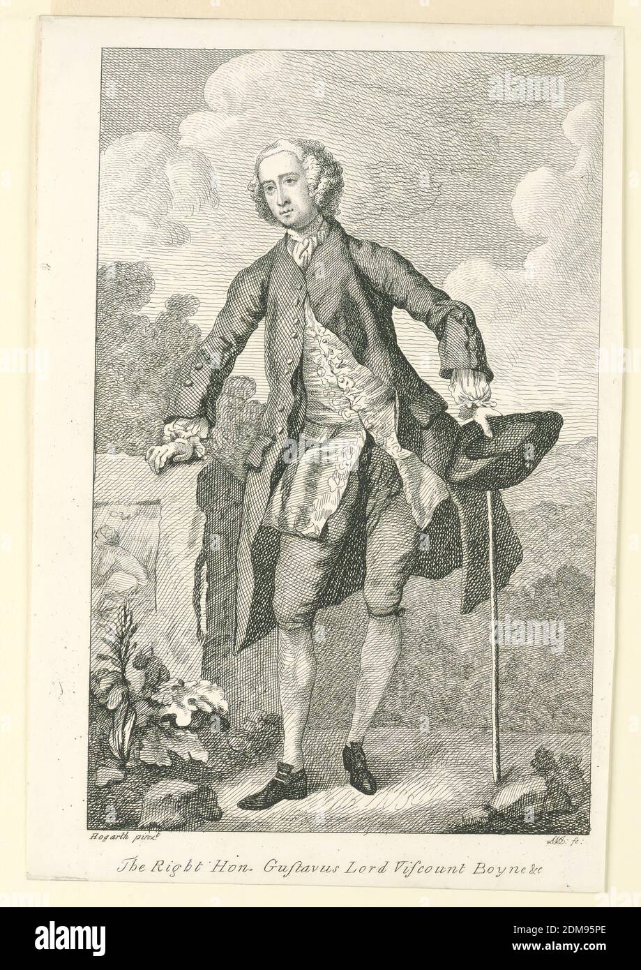 The Right Hon. Gustavus Lord Viscount Boyne & C, A.M. Ireland, William Hogarth, Englisch, 1697 - 1764, Radierung auf Papier, EIN Porträt eines jungen Mannes in der Landschaft. Er steht im Vordergrund leicht nach links gedreht. Er legt seine rechte Hand auf einen gemeißelt Stein. In seiner Linken hält er seinen Hut und seinen Stock. Im weiteren Hintergrund Hügel und Bäume., England, 1794, Print Stockfoto