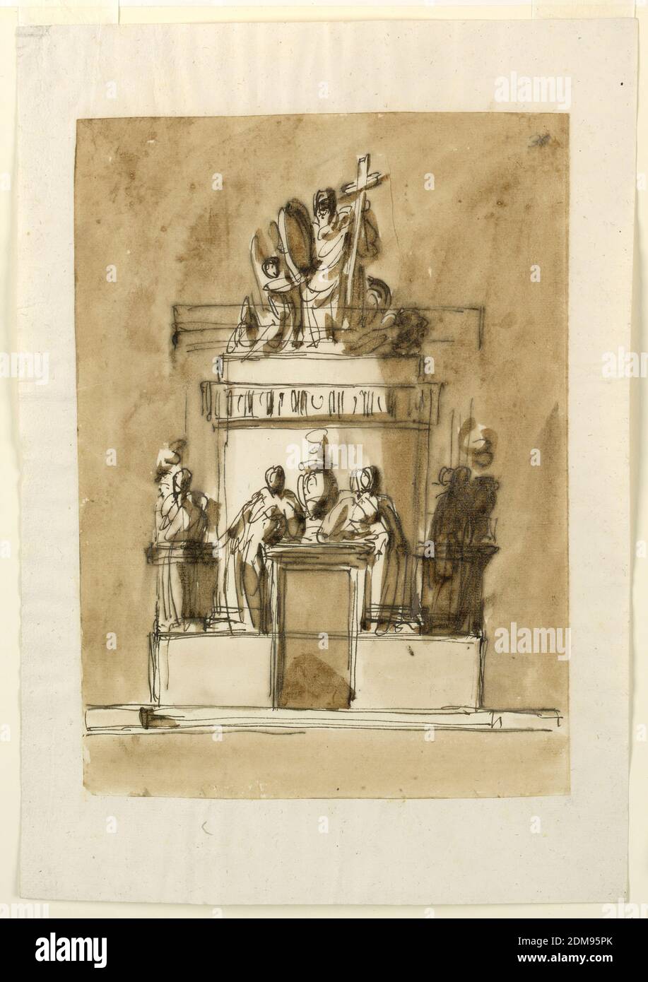Entwurf für ein Sepulchral-Denkmal von König Ludwig XVI von Frankreich, Giuseppe Barberi, Italienisch, 1746–1809, Feder und braune Tinte, Pinsel und braune Wäsche, die Basis hat einige Stufen, mit kleinen seitlichen Teilen in Mauerwerk. Die Struktur hat eine längliche Socke und einen auflösenden oberen runden turmarmen Teil. An der Vorderseite ist ein Türrahmen, auf dessen Entablatur zwei Frauen - die linke ist vorne zu sehen, die rechte im Profil - neben einer Urne mit einer Flamme lehnen. Sie stehen auf dem Sockel. Entsprechend seitlich stehen Frauen neben einer ähnlichen Urne, die auf einer scheinbar Balustrade stehen. Stockfoto