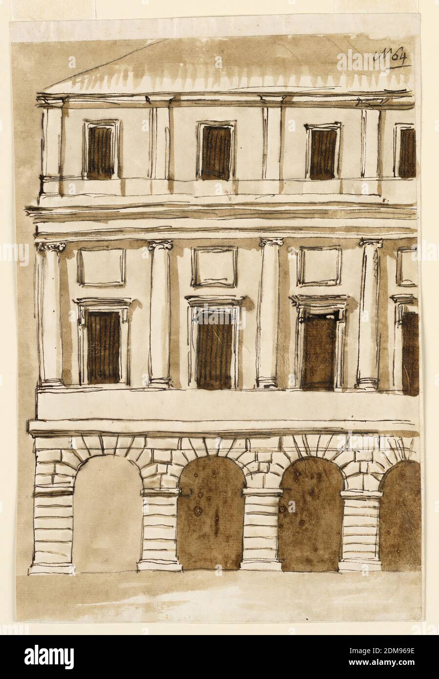 Erhebung eines Stadthauses, Giuseppe Barberi, italienisch, 1746–1809, Feder und braune Tusche, Pinsel und braune Wäsche auf liniertem, cremefarbenem Büttenpapier, EINE rustikale Kolonnade aus dreieinhalb Bögen befindet sich im Erdgeschoss. Der erste intercolumnar Raum ist ohne Wand in der Rückseite dargestellt. Es gibt zwei Aufträge. Zwischen den eingelassenen ionischen Säulen befinden sich Fenster unter geformten Quadraten. Im obersten Stockwerk sind Fenster zwischen Pilastern. Pyramidendach., Rom, Italien, ca. 1793-1794, Architektur, Zeichnung Stockfoto