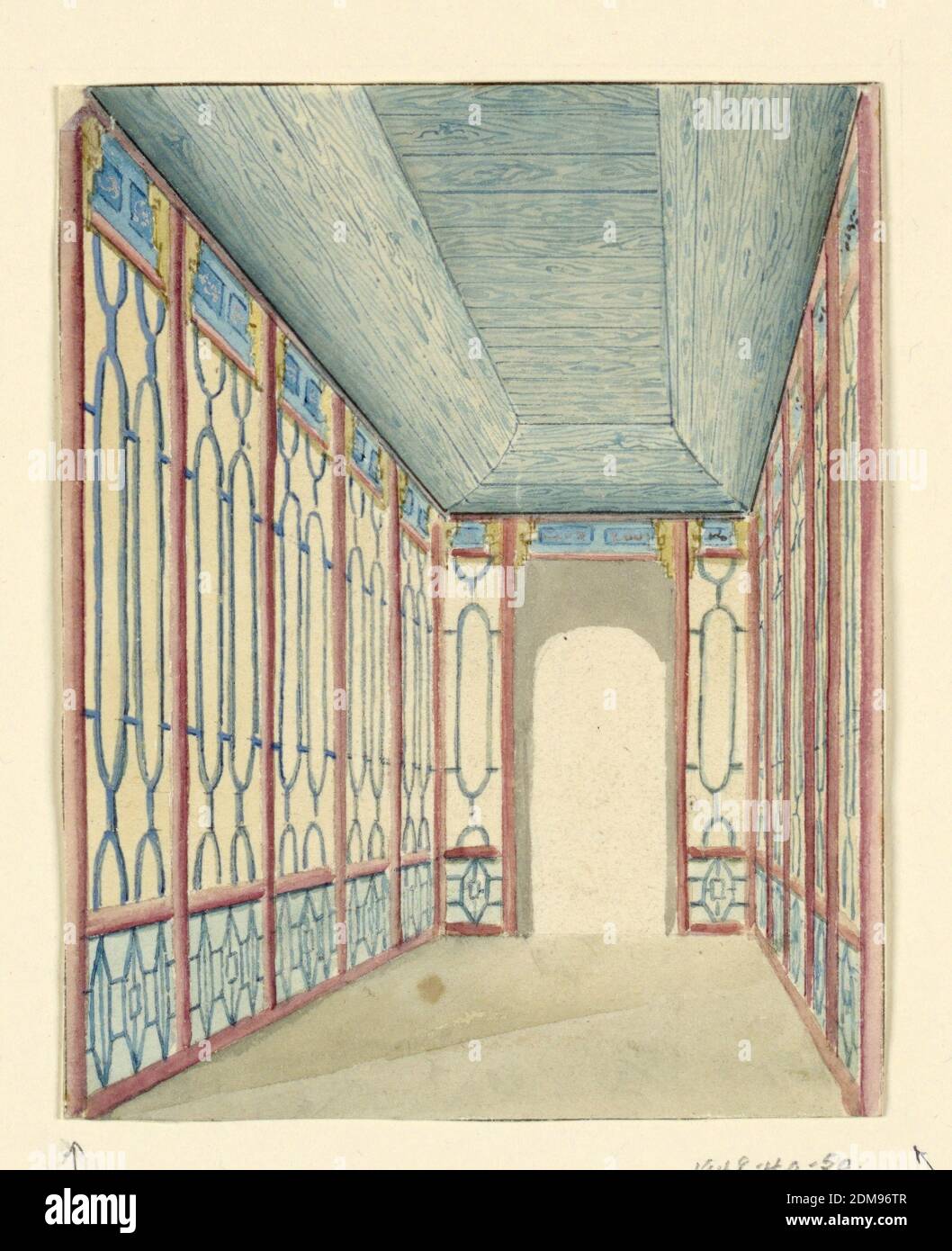 Galerie, Possibly the Glass Passage, Royal Pavilion, Brighton, Frederick Crace, Englisch, 1779–1859, Stift und blaue Tinte, Pinsel und Aquarell, Graphit auf weißem Gewebspapier, perspektivische Ansicht eines schmalen Durchgangs, mit einer Öffnung am anderen Ende. Die Dekoration der Wand besteht aus einem gemalten Säulendesign, Mit Gitterarbeitsmuster zwischen ihnen., England, 1803 oder früher, Architektur, Interieurs, Zeichnung Stockfoto