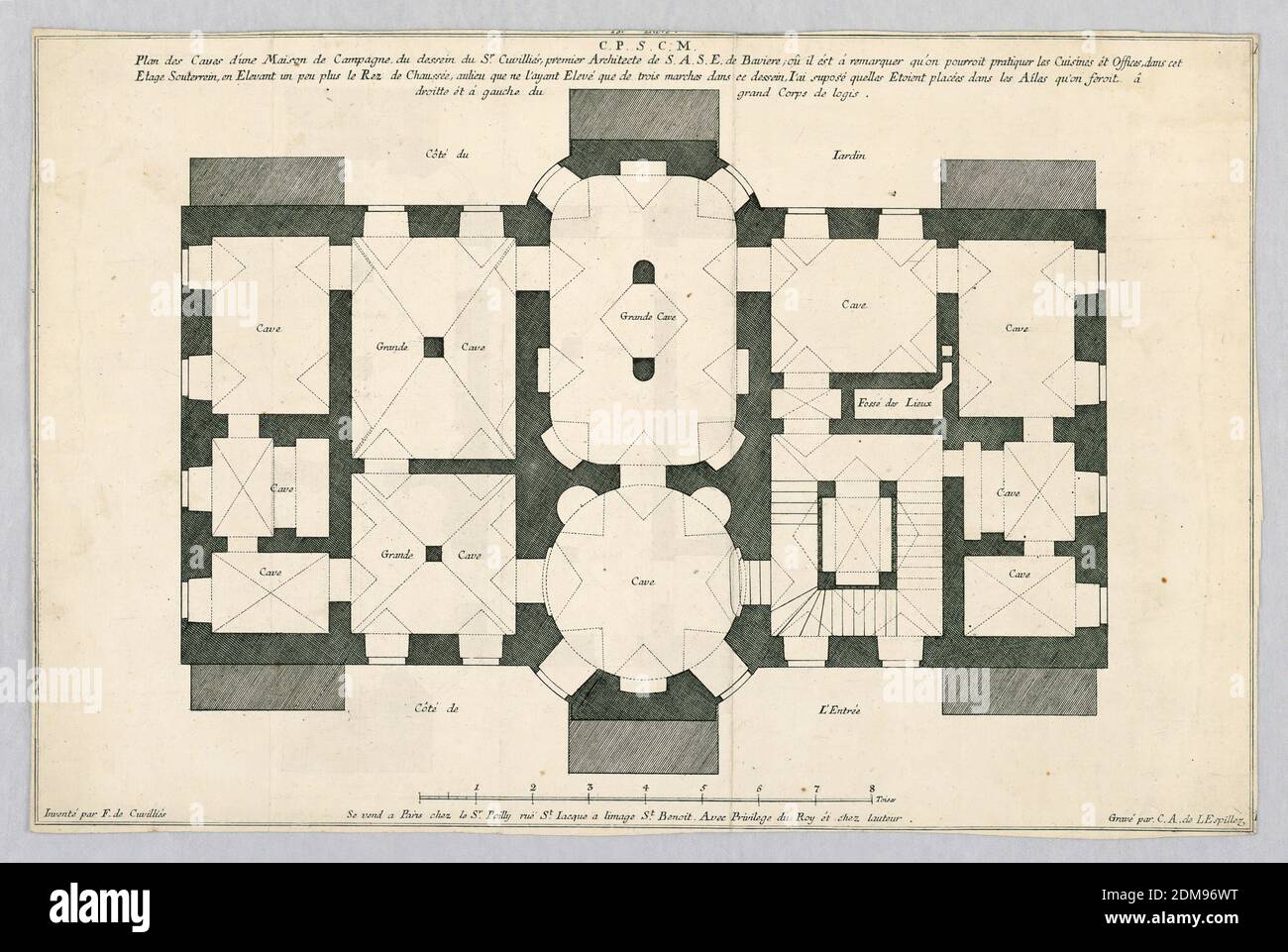 Plan der Keller eines Landhauses, François de Cuvilliés d.Ä., Belgier, aktives Deutschland, 1695 - 1768, Carl Albert von Lespilliez, Deutsch, 1723 - 1796, Gravur auf Papier, Europa, Frankreich, Europa, 18. Jahrhundert, Print Stockfoto