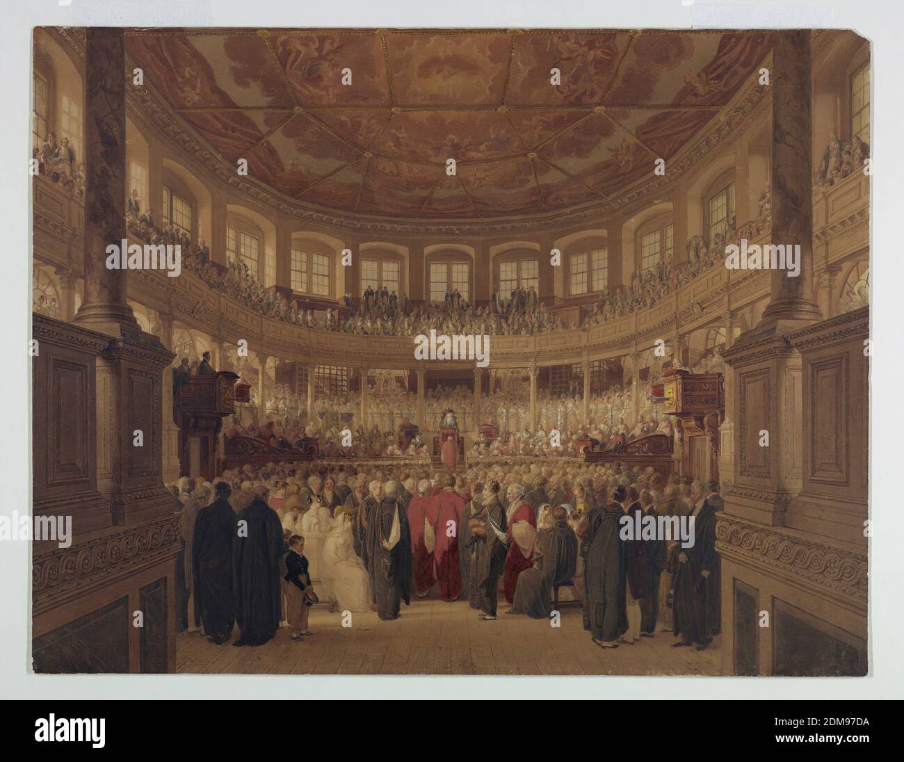 Encaenia in the Sheldonia, Thomas Uwins, 1782 - 1857, Pinsel und Aquarell, Graphit auf Papier, Encaenia in the Sheldonia, OXFORD, England, England, 1814, Interiors, Drawing Stockfoto