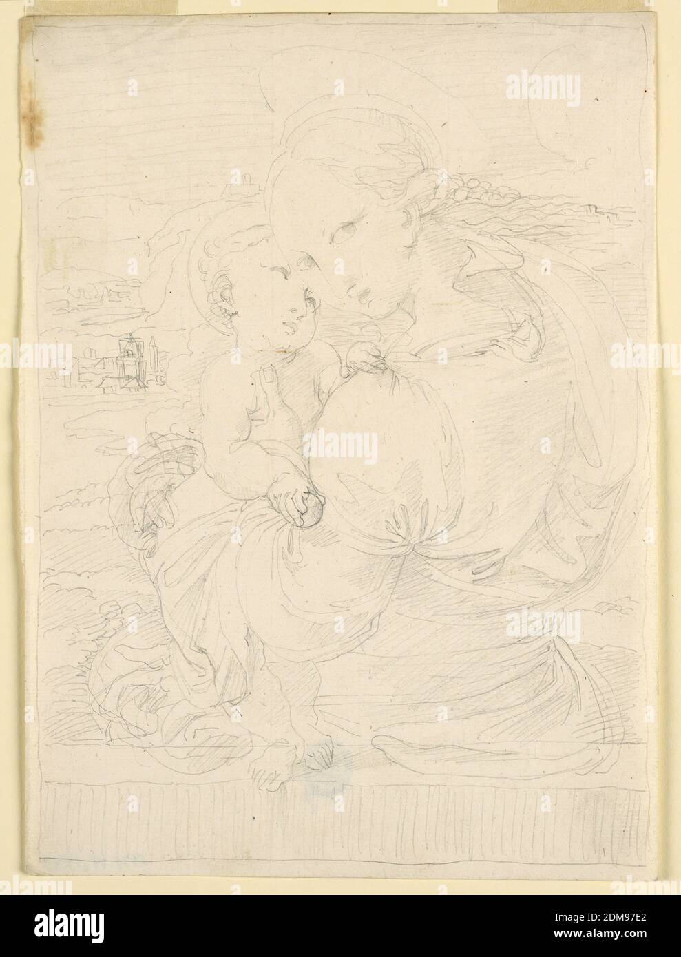 Die Jungfrau und das Kind, Fortunato Duranti, italienisch, 1787 - 1863, Graphit auf Papier, die Jungfrau sitzt hinter einer Brüstung, von hinten gesehen, ihr Kopf zur linken Schulter gedreht. Ihre linke Hand ruht in ihrer rechten Achsel, ihre rechte Hand an der rechten Hüfte des Kindes, das auf der Brüstung steht. Er hat einen Apfel in der rechten Hand, seine Linke ruht auf der linken Schulter der Jungfrau. Die Landschaft ist eine Stadt in einer sonnigen Landschaft. Rahmenlinie., Rom, Italien, 1820–1850, Zeichnung Stockfoto