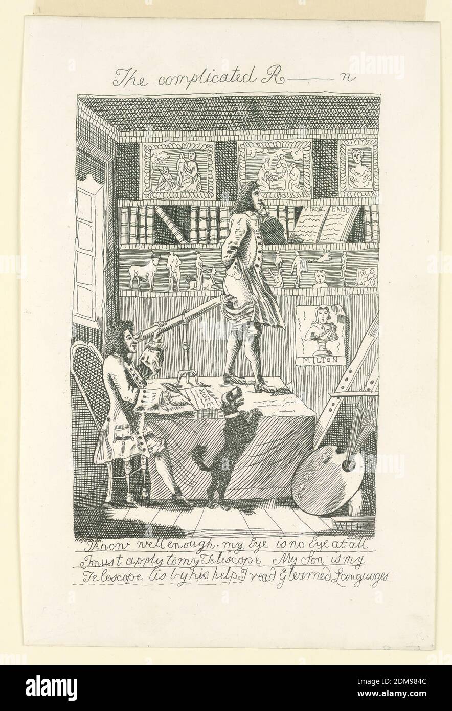 Die komplizierte R..... n, Samuel Irland, Englisch, ca. 1744–1800, William Hogarth, Englisch, 1697 - 1764, Radierung auf Papier, Innenansicht einer Bibliothek. In der Mitte ein Tisch. Ein junger Mann steht darauf, ein anderer Mann, sitzend, versucht mit einem Teleskop durch ihn zu schauen., England, 1794, Print Stockfoto