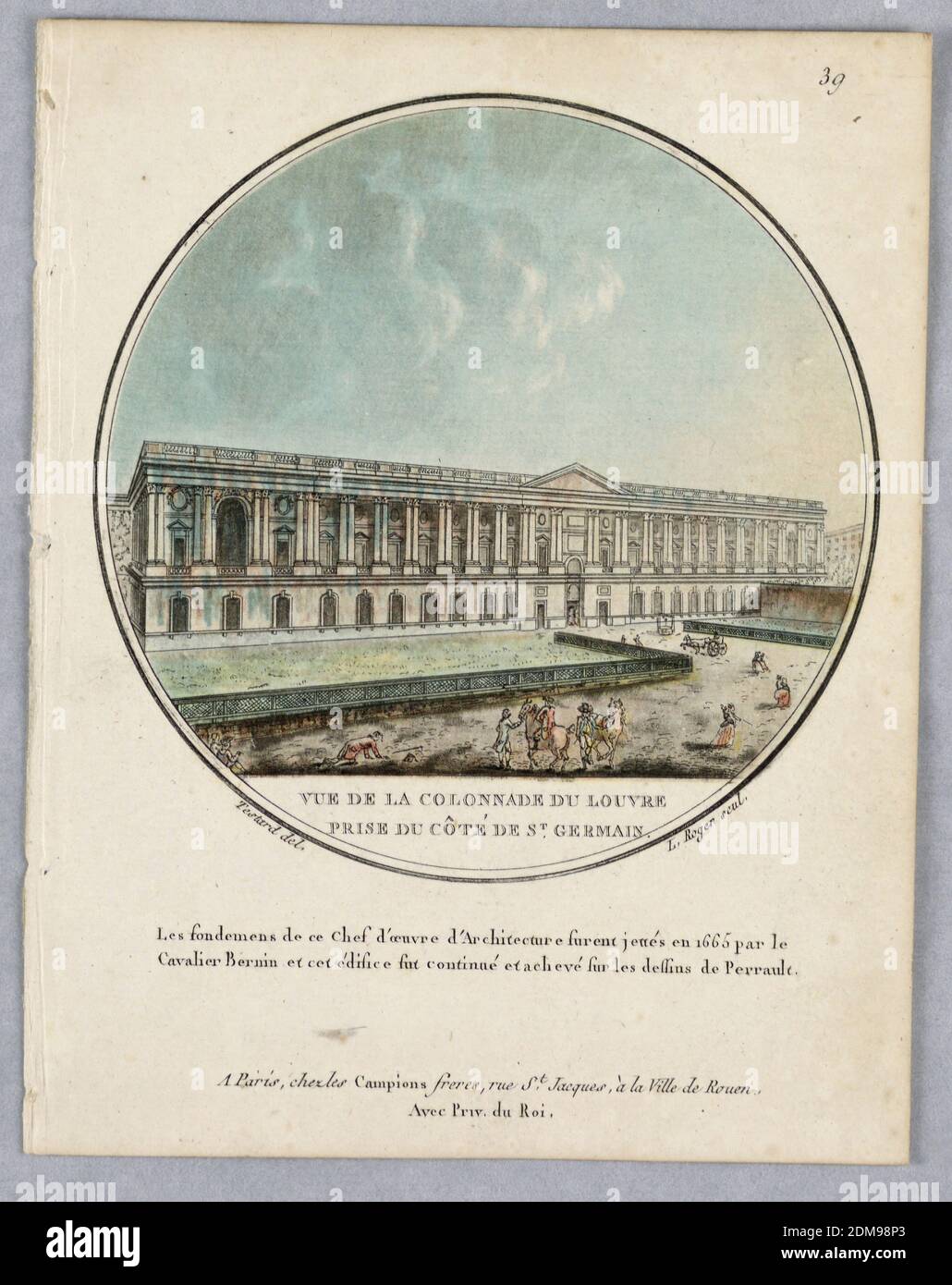 Le Louvre Colonnade, mit Blick auf Saint Germain, Platte 39 von Vues Pittoresques de principaux édifices de Paris, L. Roger, Französisch, aktiv 18. Jahrhundert, Jean Testard, Französisch, B.. 1740, Les Campion Frères, Paris, Frankreich, Gravur, Pinsel und Aquarell auf Papier, eine façade des Louvre aus dem Innenhof, mit Gärten und Figuren. Titel, Künstler- und Verlegernamen und ein kurzer Kommentar unten., Paris, Frankreich, 1792, Print Stockfoto