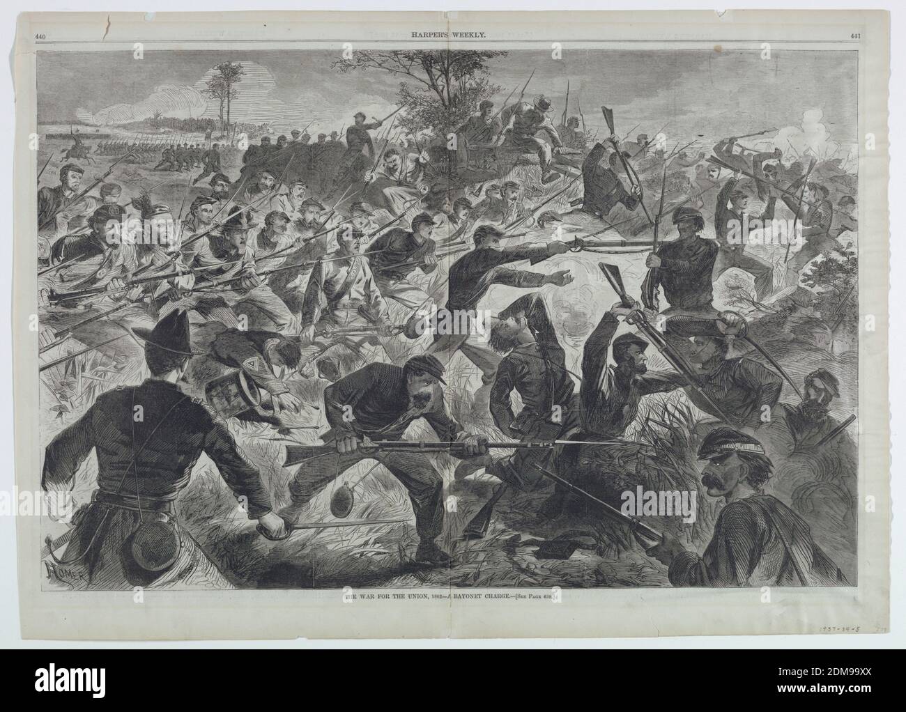 The war for the Union, 1862 – A Bajonet Charge, Winslow Homer, Amerikaner, 1836–1910, Harper's Weekly, Holzstich in schwarzer Tinte auf Papier, Doppelseitendarstellung für Harper's Weekly. Die Soldaten der Union schlagen von links an, die Bajonetten zeigten nach vorne, auf die Schlacht, auf der rechten Seite. Unten links ist ein Union-Offenier mit gezogenem Schwert zu sehen, der dem Betrachter den Rücken zukehrt., USA, 12. Juli 1862, Figuren, Print Stockfoto