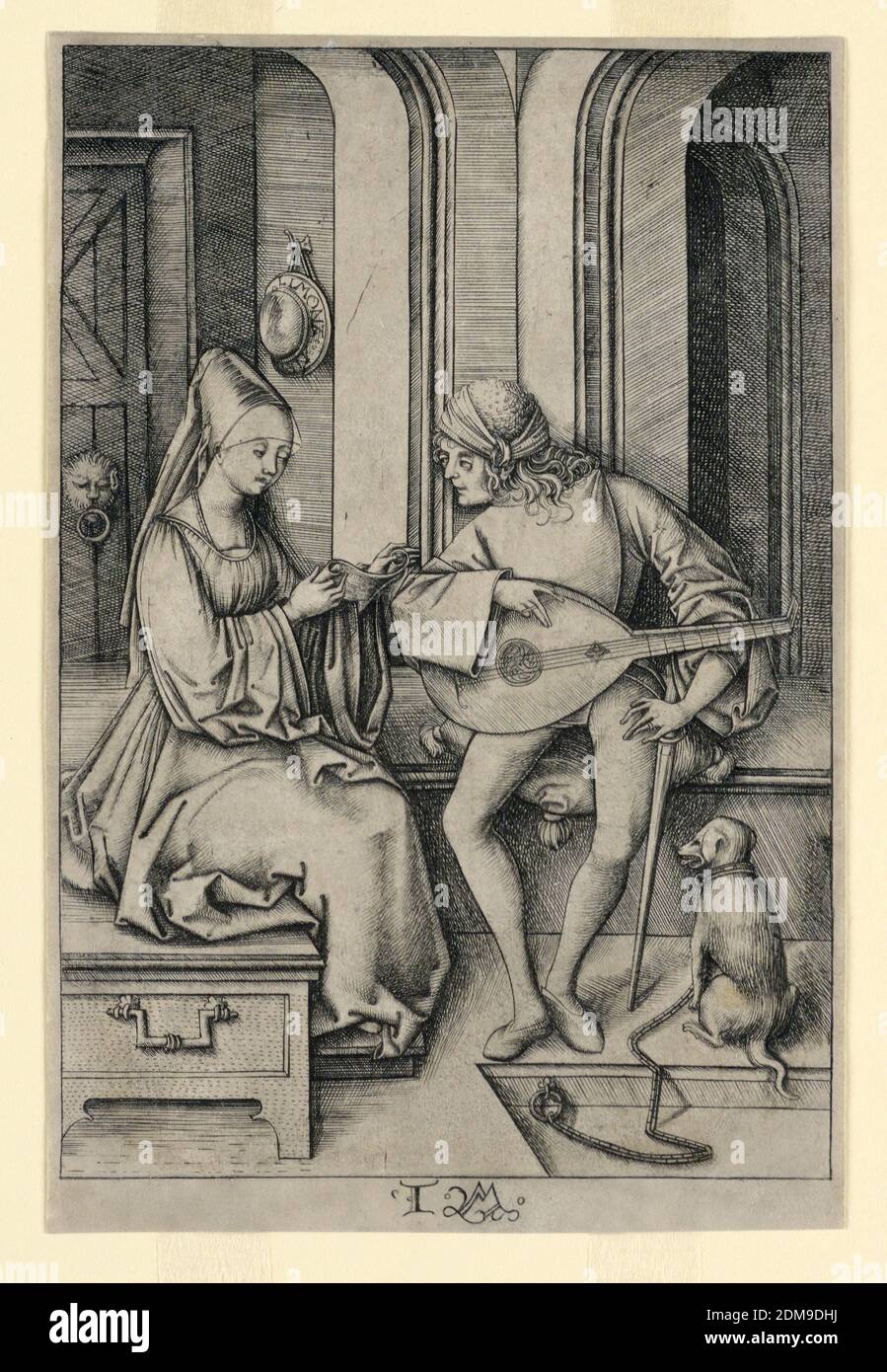 Der Lautenspieler und der Sänger (2. Staat), Israelhel van Meckenem, Deutsch, ca. 1440 - 1503, gravend auf weißem Papier, BEGLEITET EIN junger Mann, auf der rechten Seite sitzend, auf seiner Laute eine junge Dame, die neben ihm sitzt, die singt. Ein Hund ist in der Nähe des Mannes angekettet gesehen., Bocholt, Westfalen, Deutschland, vor 1500, Zahlen, Drucken Stockfoto