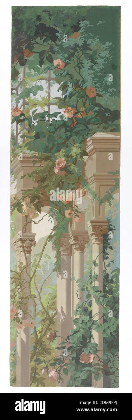 Le Jardin d'Armide', Desfossé et Karth, französisch, 1863, Edouard Müller, französisch, 1823 - 1876, Blockdruckpapier, 'A': Unregelmäßig geformtes Fragment, das einen Teil einer freistehenden Arkade mit korinthischen Säulen zeigt, um die im großen Maßstab Glyzinien und andere Reben wachsen. Oben ist ein Spalier mit rosa Rosen; 'b' fast identisches Motiv, aber das Gebäude endet auf der linken Seite statt auf der rechten. 'A' und 'b' sind Teil des Hauptbildes der Landschaft., Paris, Frankreich, 1854, Wallcoverings, Scenic, Scenic Stockfoto Le Jardin d'Armide', Desfossé et Karth, französisch, 1863, Edouard Müller, französisch, 1823 - 1876, Blockdruckpapier, 'A': Unregelmäßig geformtes Fragment, das einen Teil einer freistehenden Arkade mit korinthischen Säulen zeigt, um die im großen Maßstab Glyzinien und andere Reben wachsen. Oben ist ein Spalier mit rosa Rosen; 'b' fast identisches Motiv, aber das Gebäude endet auf der linken Seite statt auf der rechten. 'A' und 'b' sind Teil des Hauptbildes der Landschaft., Paris, Frankreich, 1854, Wallcoverings, Scenic, Scenic Stockfoto