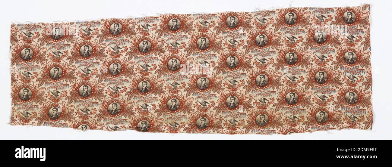 Textile, American Print Works, gegründet 1835, Medium: Baumwolle Technik: Block und Roller auf Leinwandbindung gedruckt, kleine Medaillon Wiederholung einer Porträtbüste in einem Rahmen aus Laub und kleinen Sternen wechselt mit einem Adler, der einen blühenden Ast im Schnabel hält. In Schwarz, Rost, Blau und Braun auf weißem Fundament. Möglicherweise ein für die Philadelphia Centennial gedrucktes Erinnerungstextil. Porträt zeigt entweder General Lafayette, Andrew Jackson oder Simón Bolívar, der Liberator von Südamerika., Fall River, Massachusetts, USA, 1876, bedruckte, gefärbte & bemalte Textilien, Textil Stockfoto