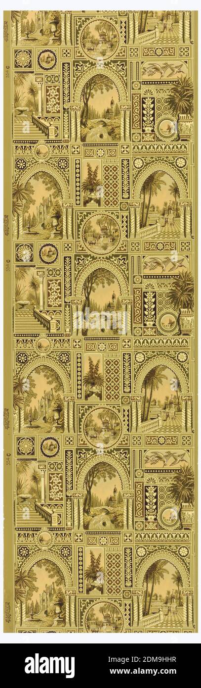 Seitenwand, maschinenbedrucktes Papier, anglo-japanesisches Design bestehend aus Brunnen, See, Teich und Wasserfall Szenen und Darstellung verschiedener Arten von Architektur, dh russische Kirche, Französisch Schloss, indischen Pavillon, türkische Moschee. Landschaften mit tropischer Vegetation in verschiedenen Rechtecken, Kreisen und Bögen. Jeder Raum ist in einem geometrischen Rahmen abgegrenzt. Gedruckt in kastanienbraun, pfirsich, oliv, gelb und braun auf olivfarbenem Boden., USA, 1879–1887, Wallcoverings, Sidewall Stockfoto