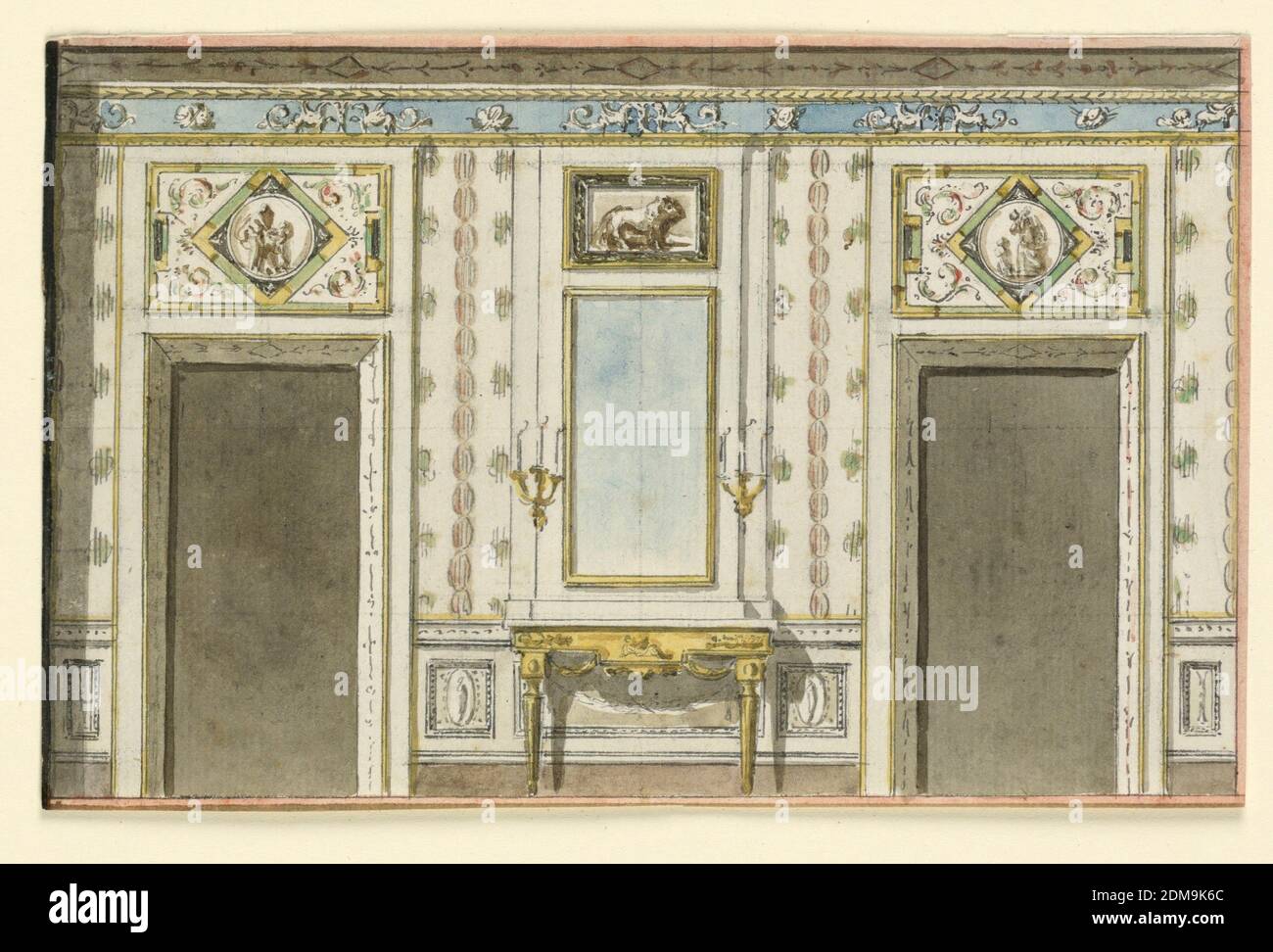 Erhebung einer Mauer, EINE Wandtafel wird von zwei Türöffnungen mit längs mit grotesken Dekoration als Übertüren flankiert., Italien, 1790, Zeichnung Stockfoto