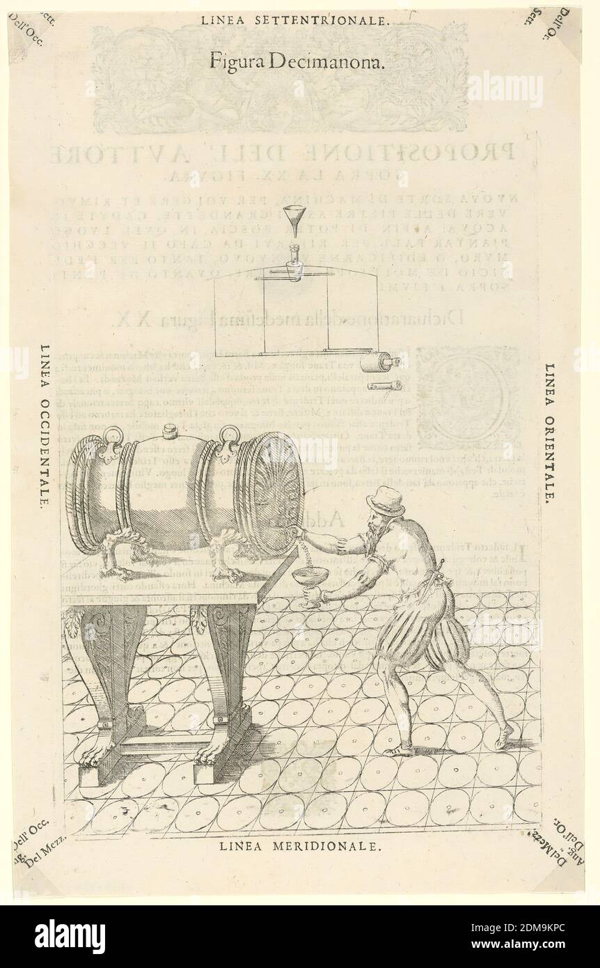 Mann, der Wein aus einem Gefäß serviert, vom Theatrum instrumentorum et Machinarum, Julio Paschale, Holzschnitt auf Papier, EIN großes Fass, verziert, mit Krallenfüßen, auf einem Tisch, links. Ein Mann gießt etwas aus seinem Auslauf in eine Schüssel. Abbildung oben von drei Fächern mit getrennten Rohren. Beschreibung in lateinischer Sprache auf Rückseite von 1949-152-216., Europa, 1582, Print Stockfoto