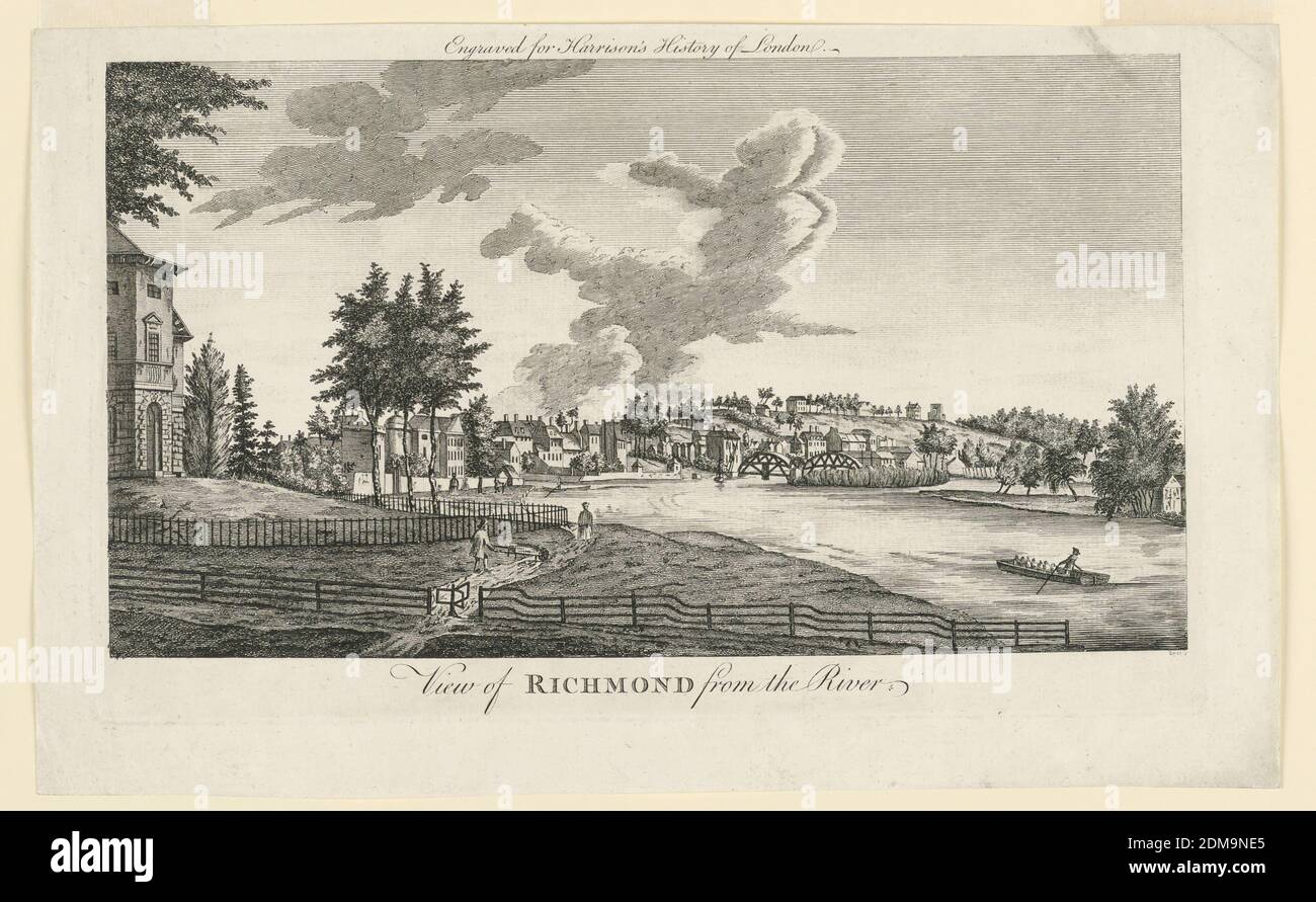 Blick auf Richmond, von der Themse, von Walter Harrison's History of London, John Cooke, Englisch, acitve 18th c., Royce, Englisch, Active 18th c., Gravur auf Papier, der Blick ist genommen Blick auf die Themse, mit der Stadt Richmond (Berkshire) im Hintergrund. Ein Landhaus im linken Vordergrund. Unten eingeschrieben: 'Ansicht von RICHMOND vom Fluss' und oben: 'Graviert für Harrisons Geschichte von London.' Beschriftete untere rechte Ecke: 'Royce sc.', London, England, ca. 1750, Drucken Stockfoto