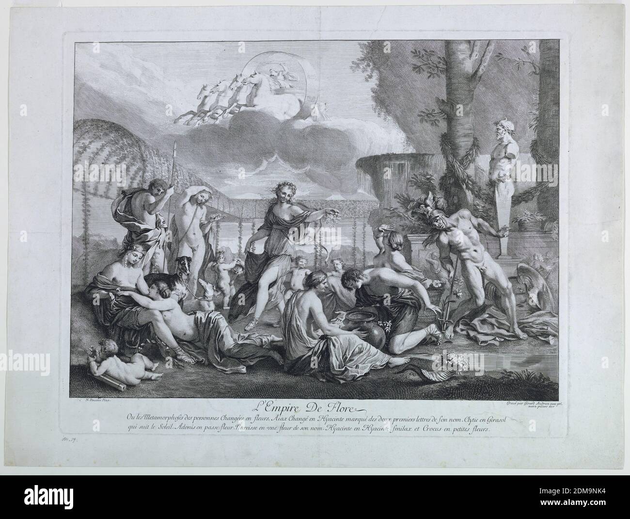 L'Empire de Flore, Gérard Audran, Flämisch, aktiv in Frankreich, 1640–1703, Nicolas Poussin, französisch, 1594–1665, auf Papier gravieren, in einem Garten, Flora ist mit ihren Mägden zu sehen. Aurora in seinem Wagen im Himmel. Ebenfalls in der Szene sind Ajax, Hyacinthe, Clyte, Adonis und Narcissus., Paris, Frankreich, ca. 1680-1700, Drucken Stockfoto